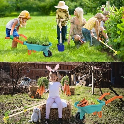 Kids Gardening Set with Wheelbarrow, Metal Tools, Gloves, Stickers & Handbook –