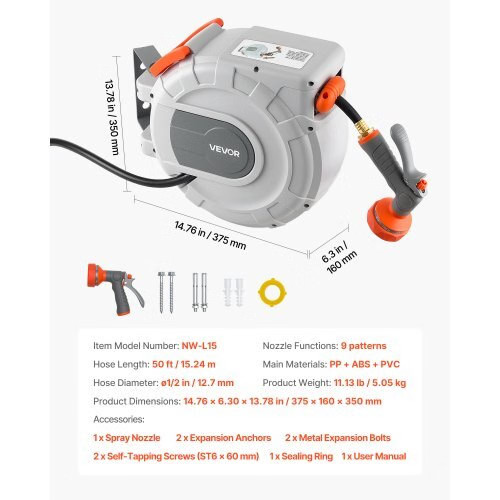 Retractable Garden Hose Reel, 1/2 in x 50 ft, Wall Mounted Hose Reel with 9-Func