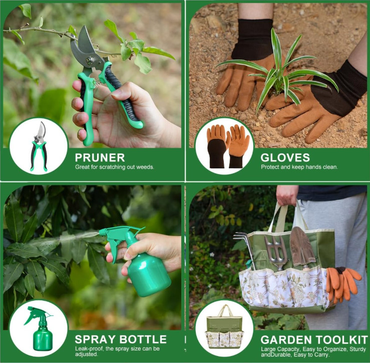 Juego de jardinería 9 piezas acero inoxidable con bolsa resistente verde, Nuevo