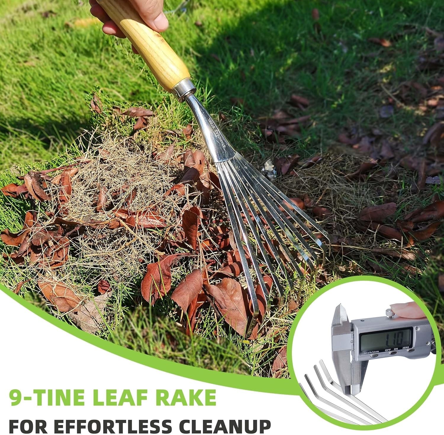 Stainless Steel Garden Hand Rake with Ergonomic Wooden Handle