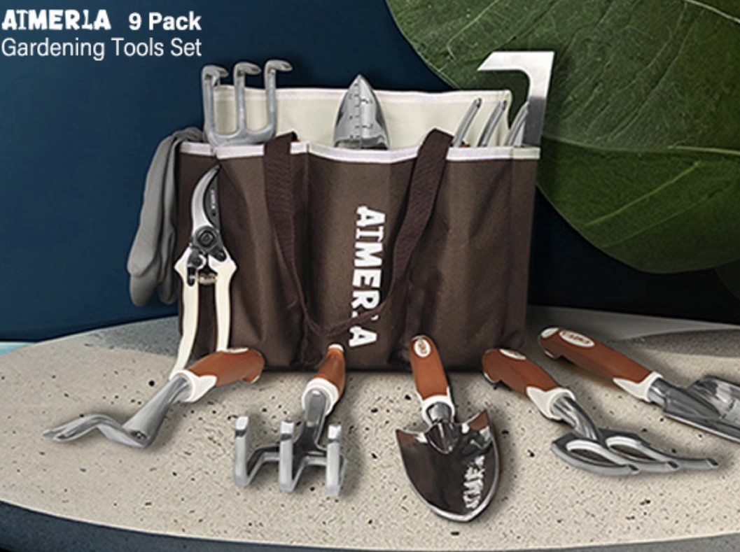 Set of 9 Heavy Duty Garden Tools with a Large Garden Bag