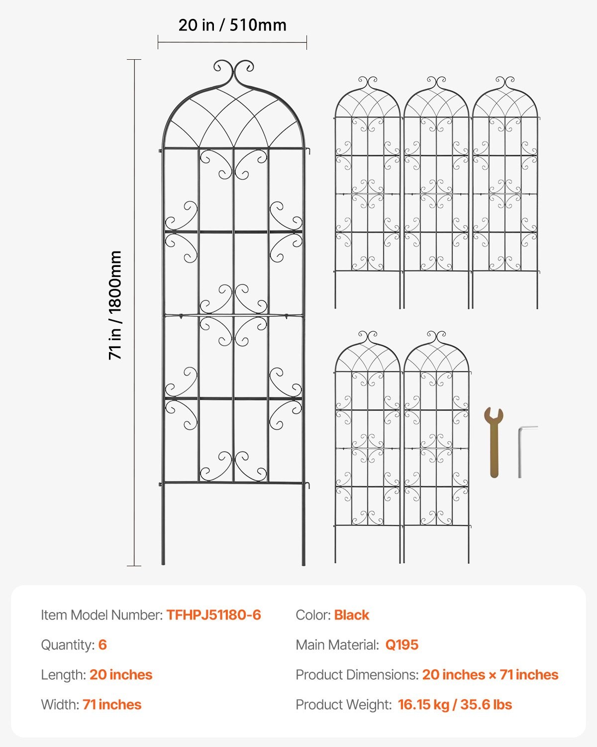Garden Trellis for Climbing Plants,71 x 20 in,6 Packs Rustproof Metal Garden Flo