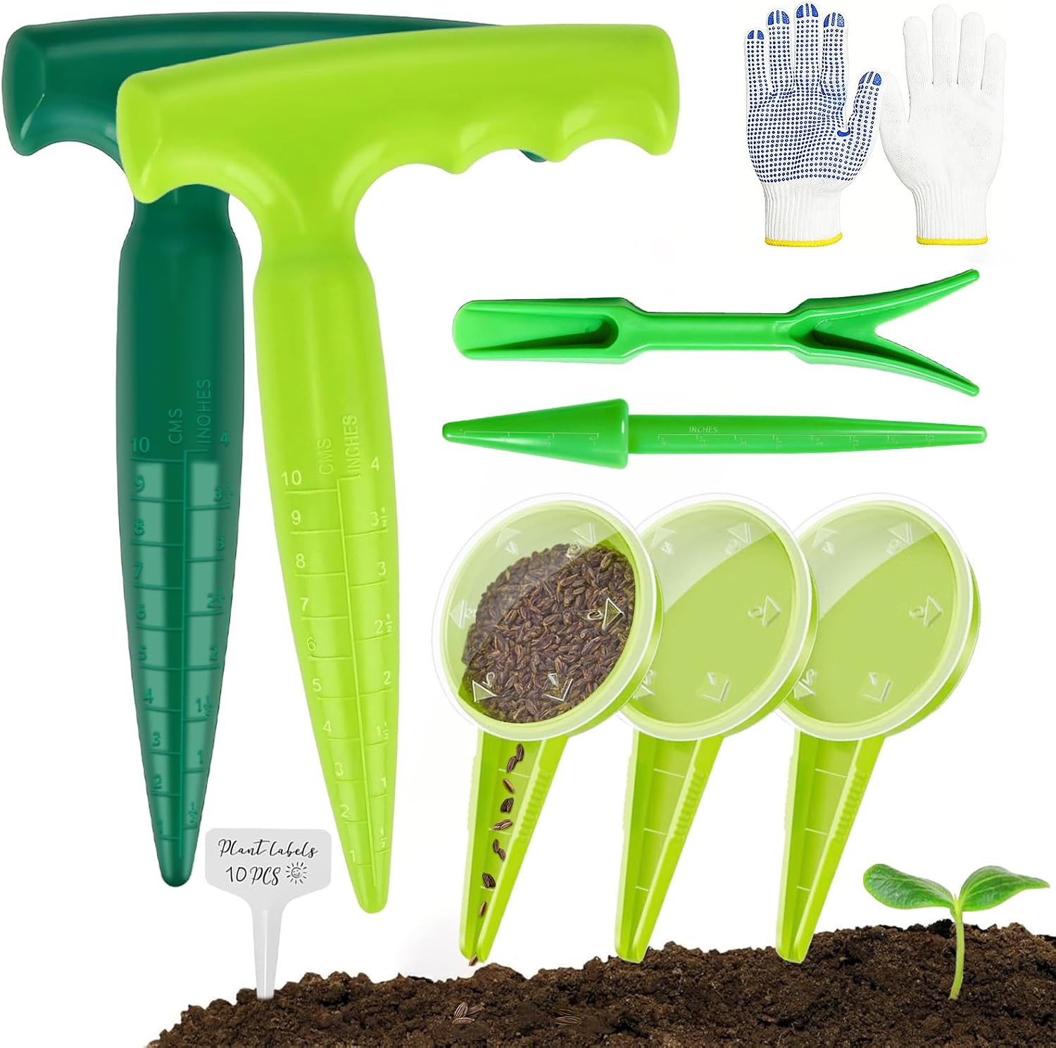 17Pcs Seed Planter Tool Kit, Garden Dibber with Scale, 5-Hole Seed Dispenser, Su