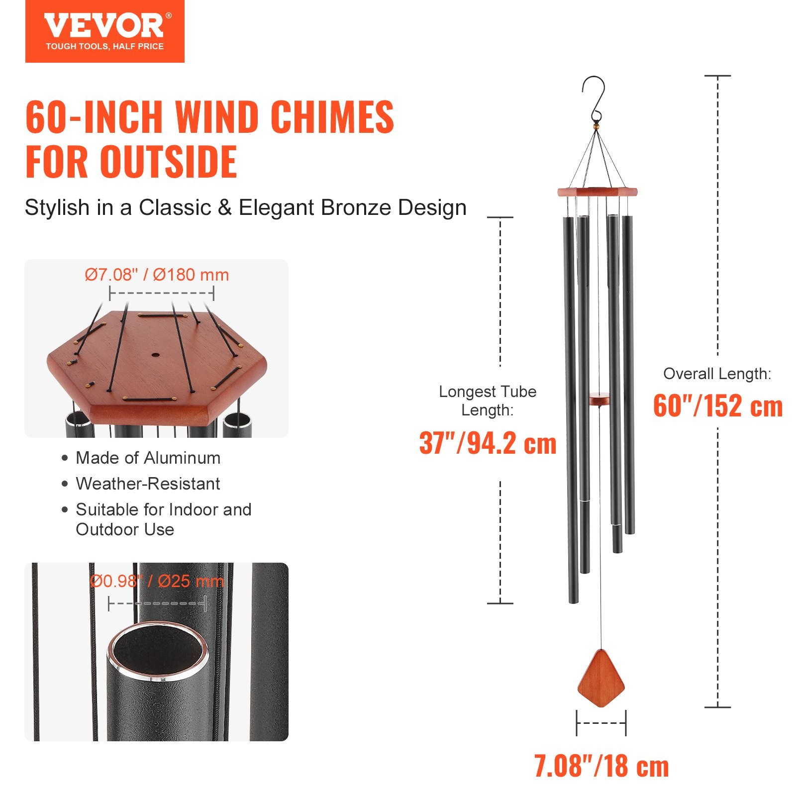 Wind Chimes for Outside,60 in,Deep Tone Wind Chimes with 6 Tubes,Unique Large Me