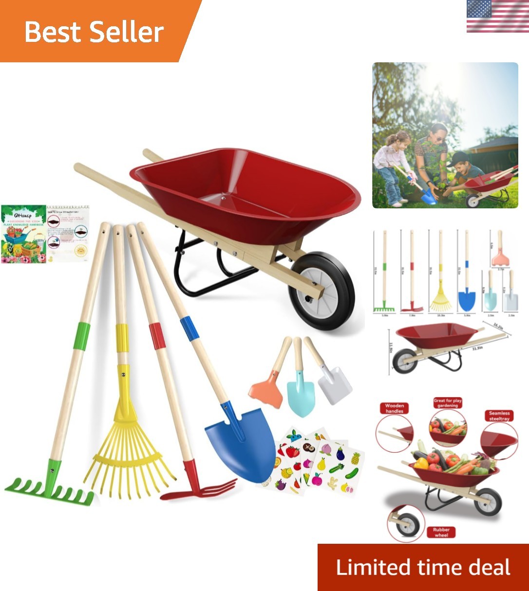 Kids Wheelbarrow Set with Gardening Tools Outdoor Backyard Garden Play for To…