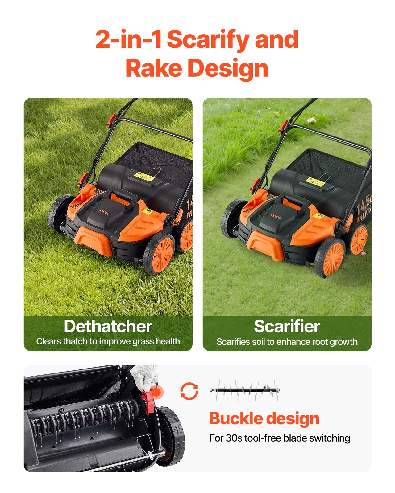 2-in-1 Electric Dethatcher and Scarifier, 16-Inch 15 Amp, Corded Lawn Dethatcher