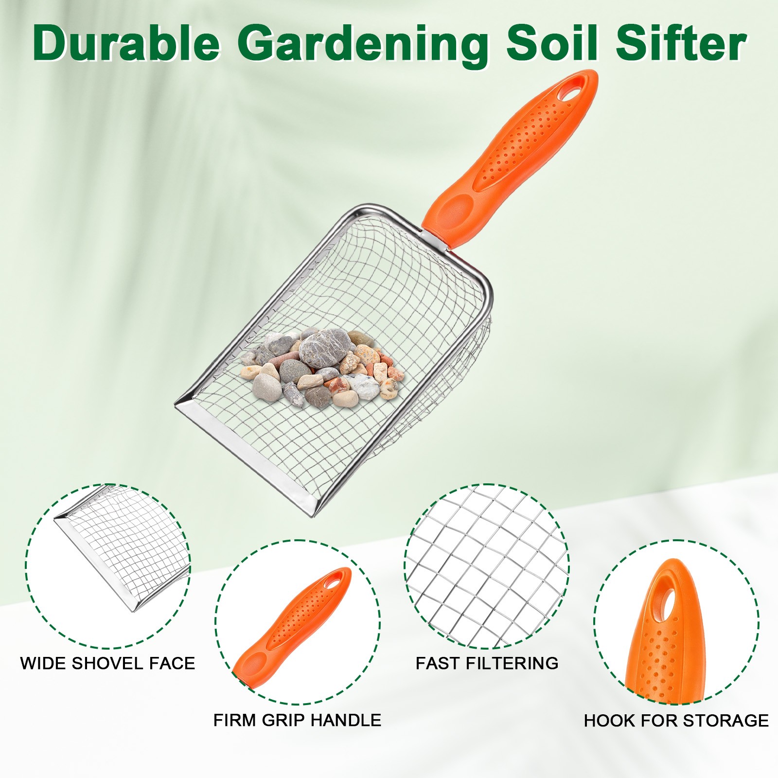 5 mm Mesh Stainless Steel Gardening Soil Sifter for Rock [White, Orange]