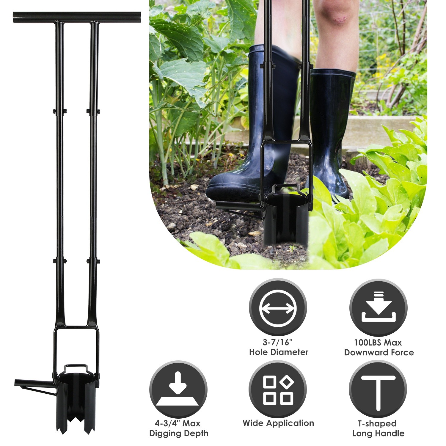 Long Handle 5 In 1 Bulb Planter Tool W/ Gloves &Brush Serrated Base For Tulips