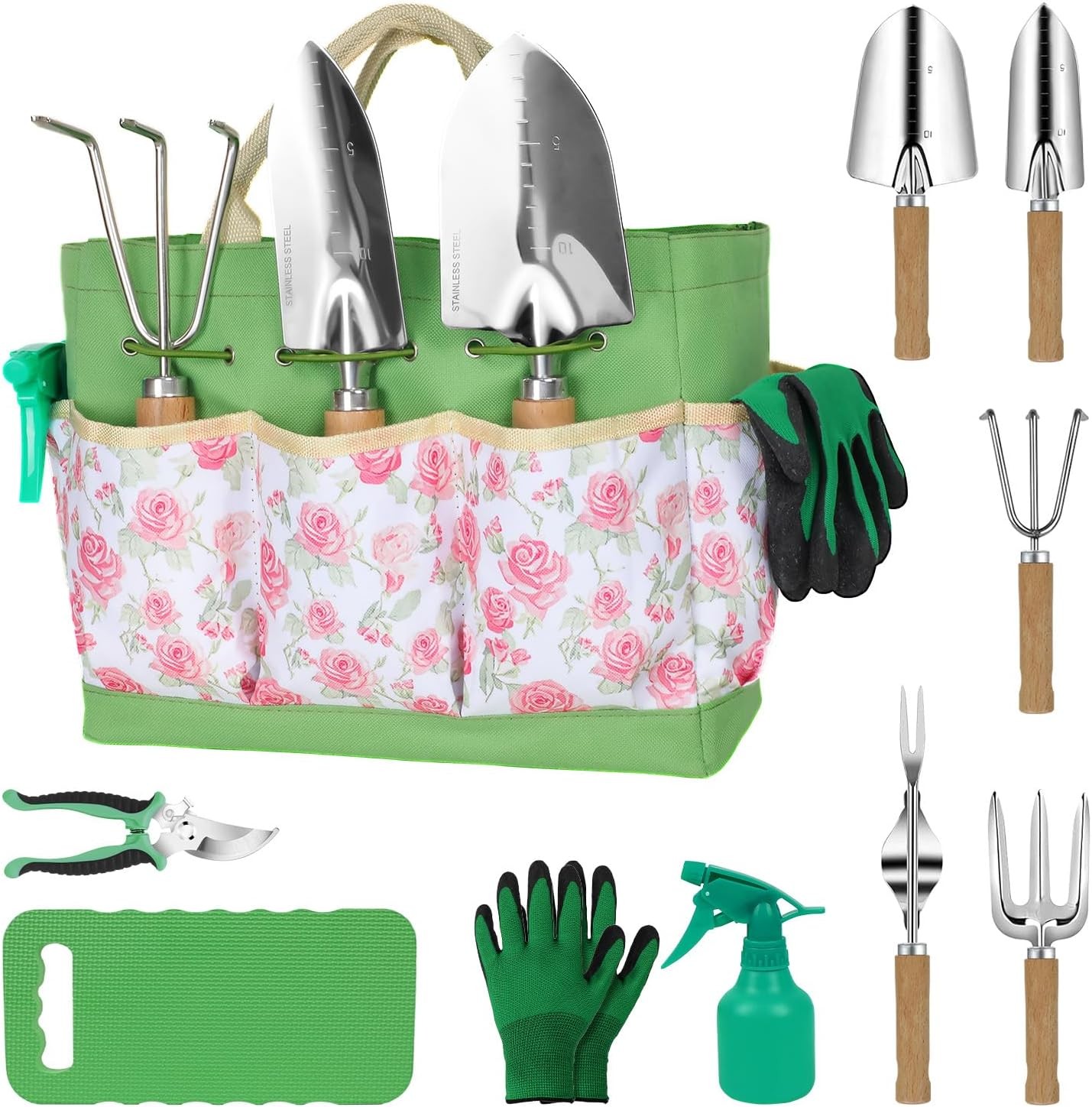 Garden Tools Set, 10-Piece Heavy Duty Garden Hand Tools Pink Floral Garden Bag