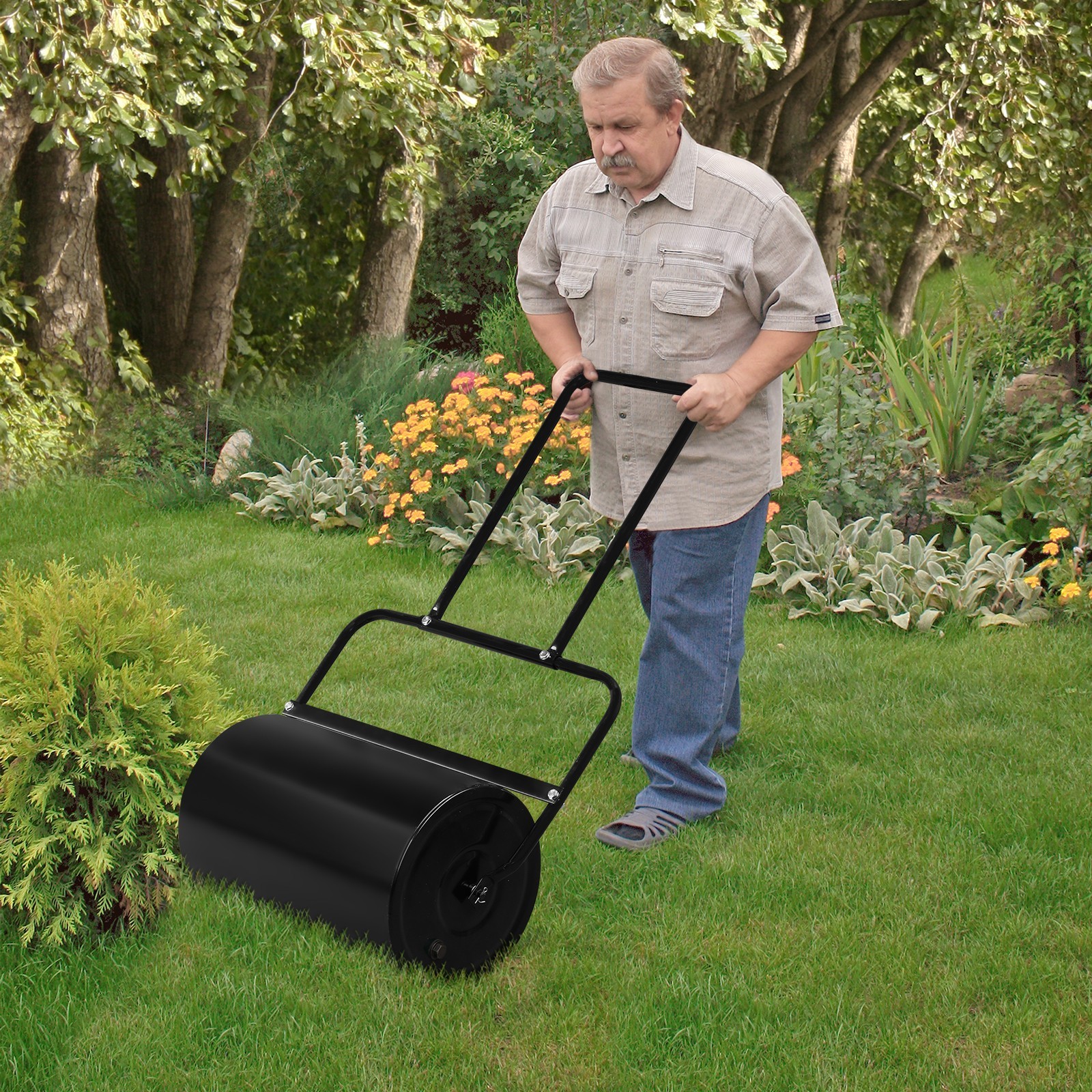 19.5in Lawn Roller Iron Cylindrical Black with U-handle