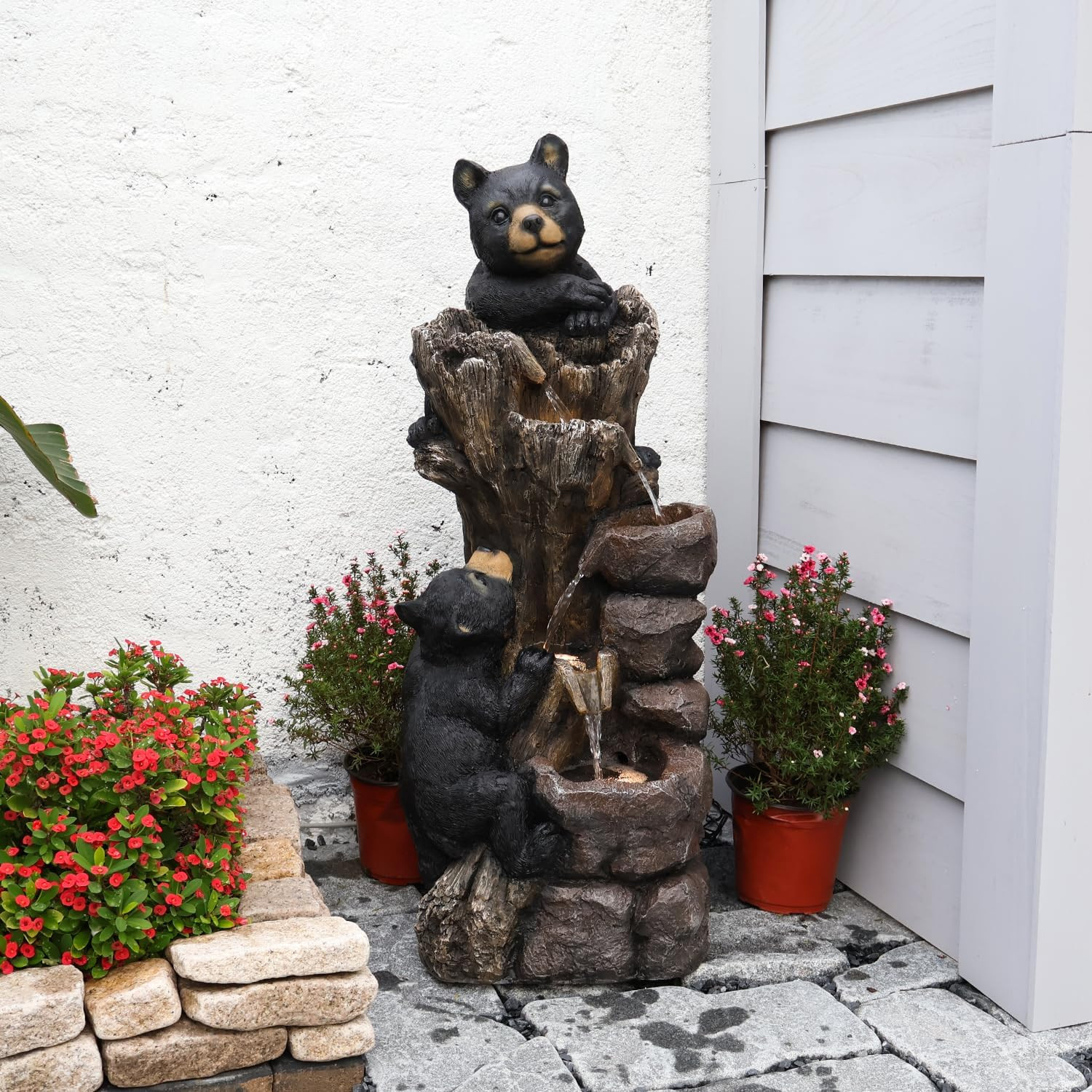 YZM 40.16″ H 5 Tier Outdoor Fountain Black Bears Climbing Tree Garden Water Foun