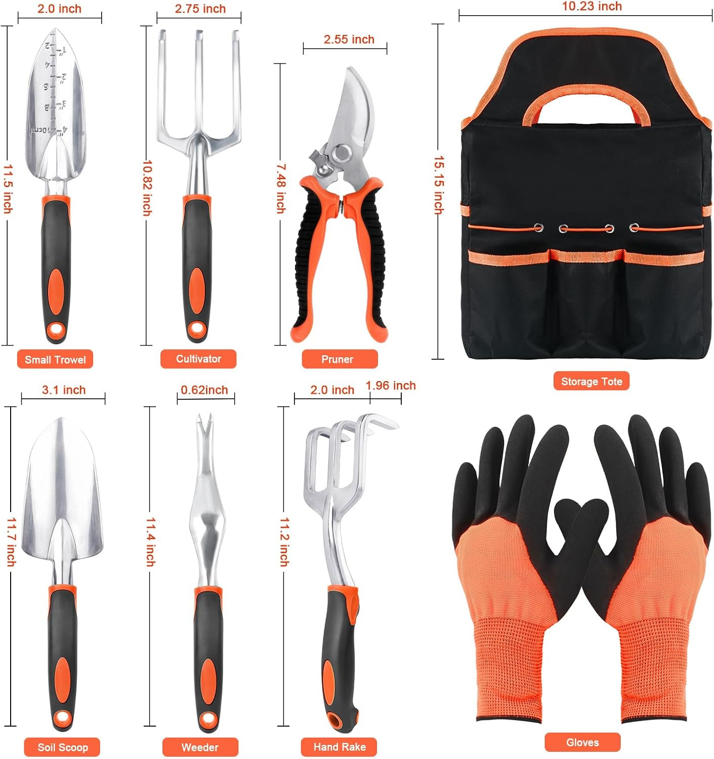 8-Piece Garden Tools Set with Storage Bag, Ergonomic Hand Tools, Orange