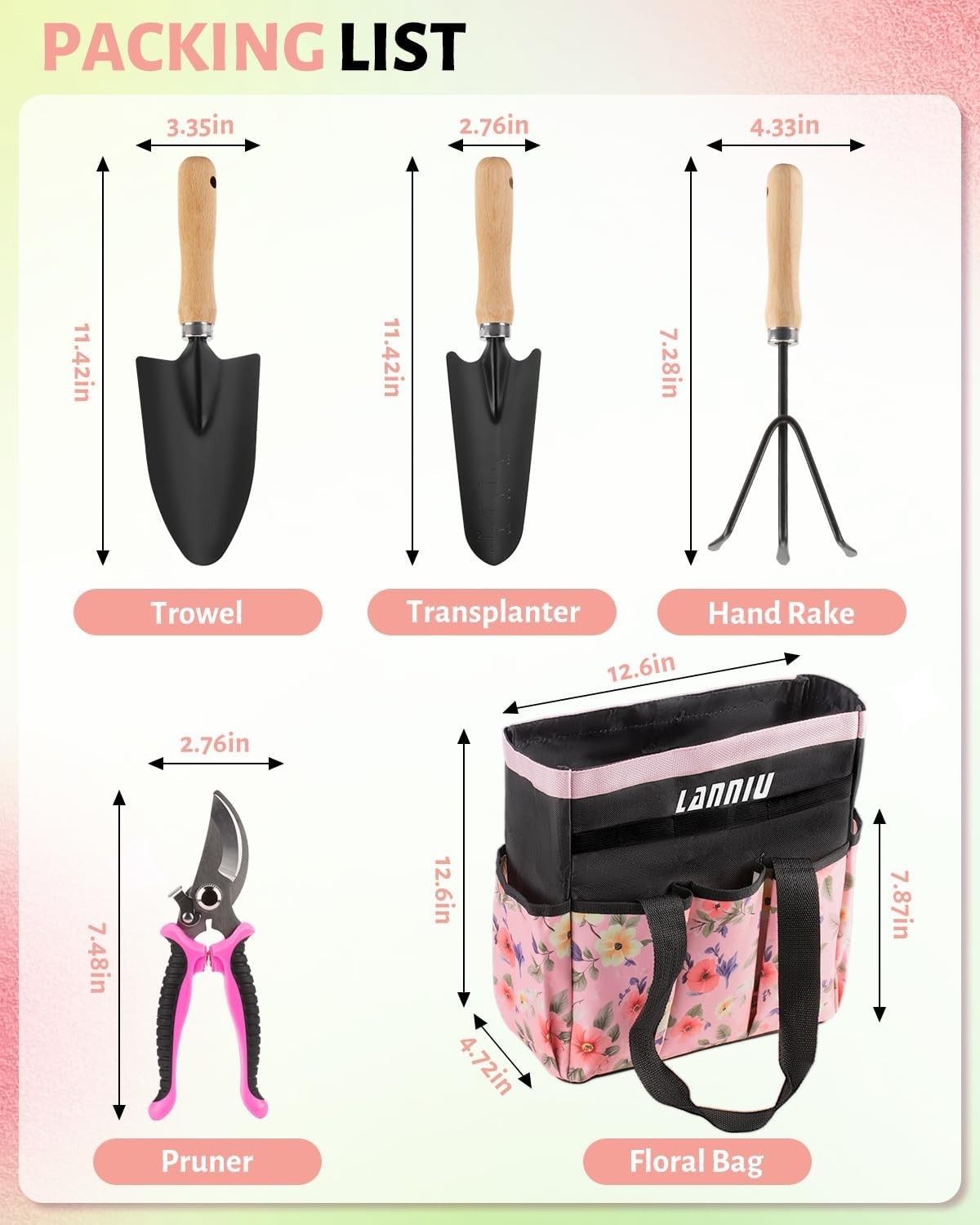 5-Piece Pink Gardening Tools Set with Floral Bag – Perfect Gift for Her