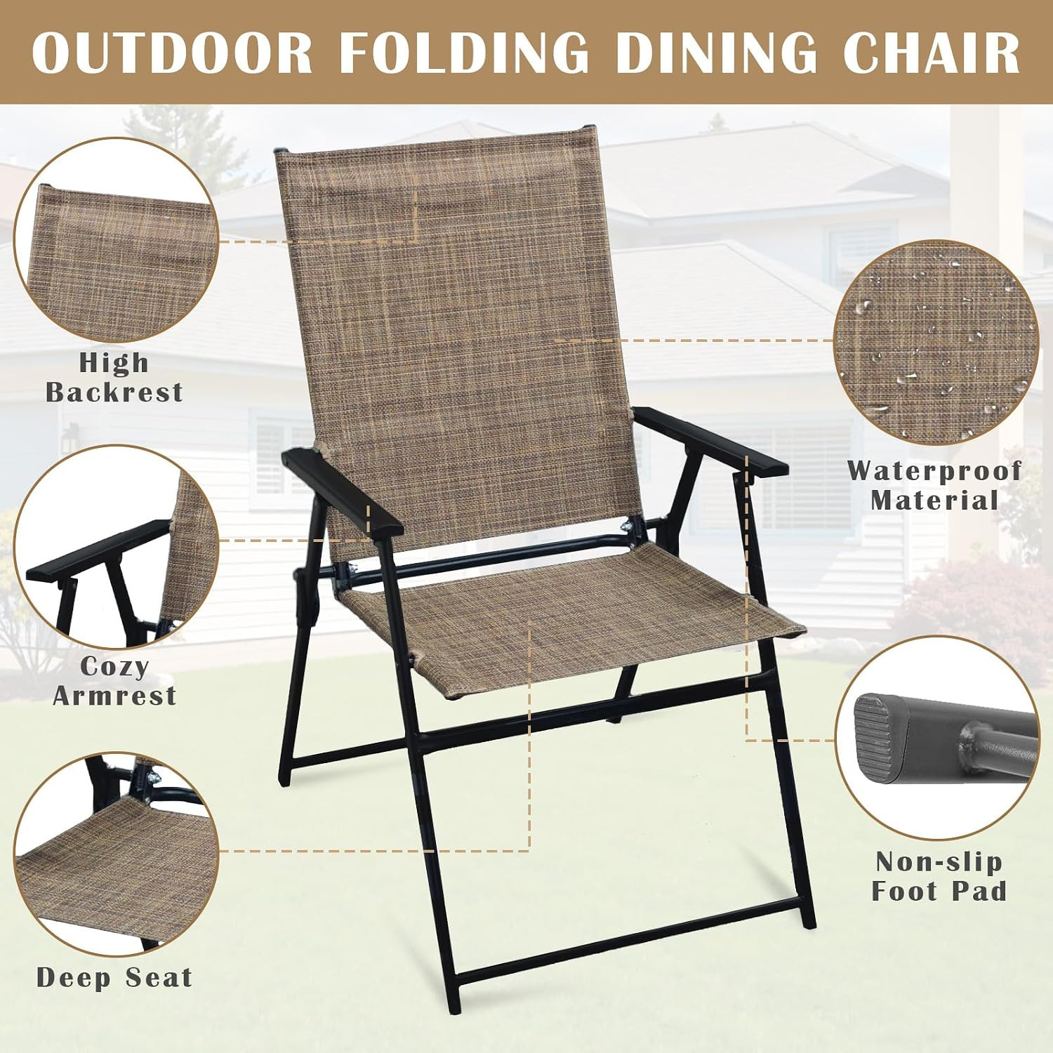 Folding Patio Chairs Set of 2 Stackable Outdoor Chairs with Armrests Backrest Po