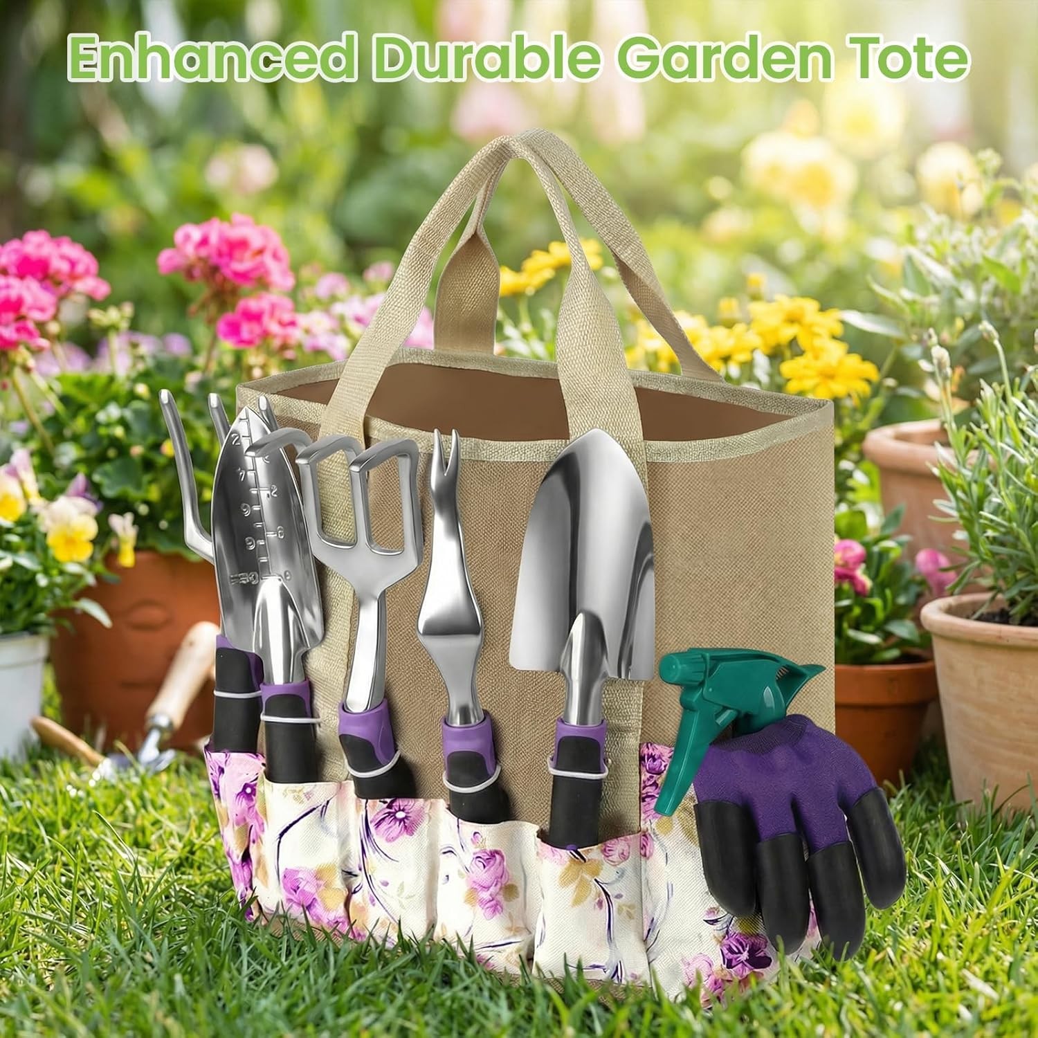 Garden Tools Set 30pc Stainless Steel with Floral Tote Non-Slip