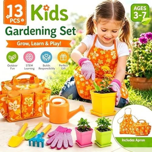 Kids Gardening Set for Girls Boys Ages 3-7,13PCS Garden Tool Kit with