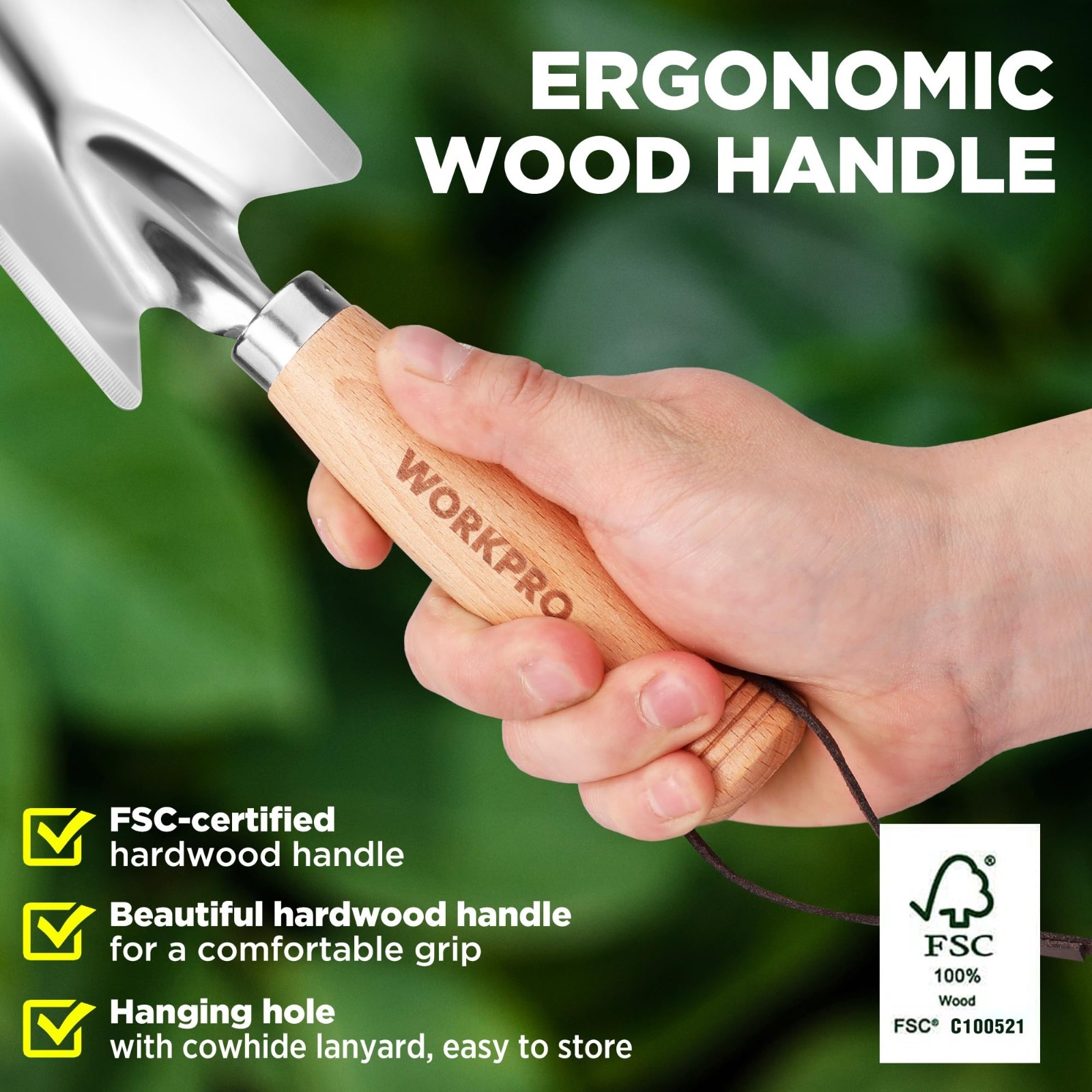 Heavy Duty 11″ Garden Hand Trowel – Stainless Steel Shovel with Wooden Handle, I
