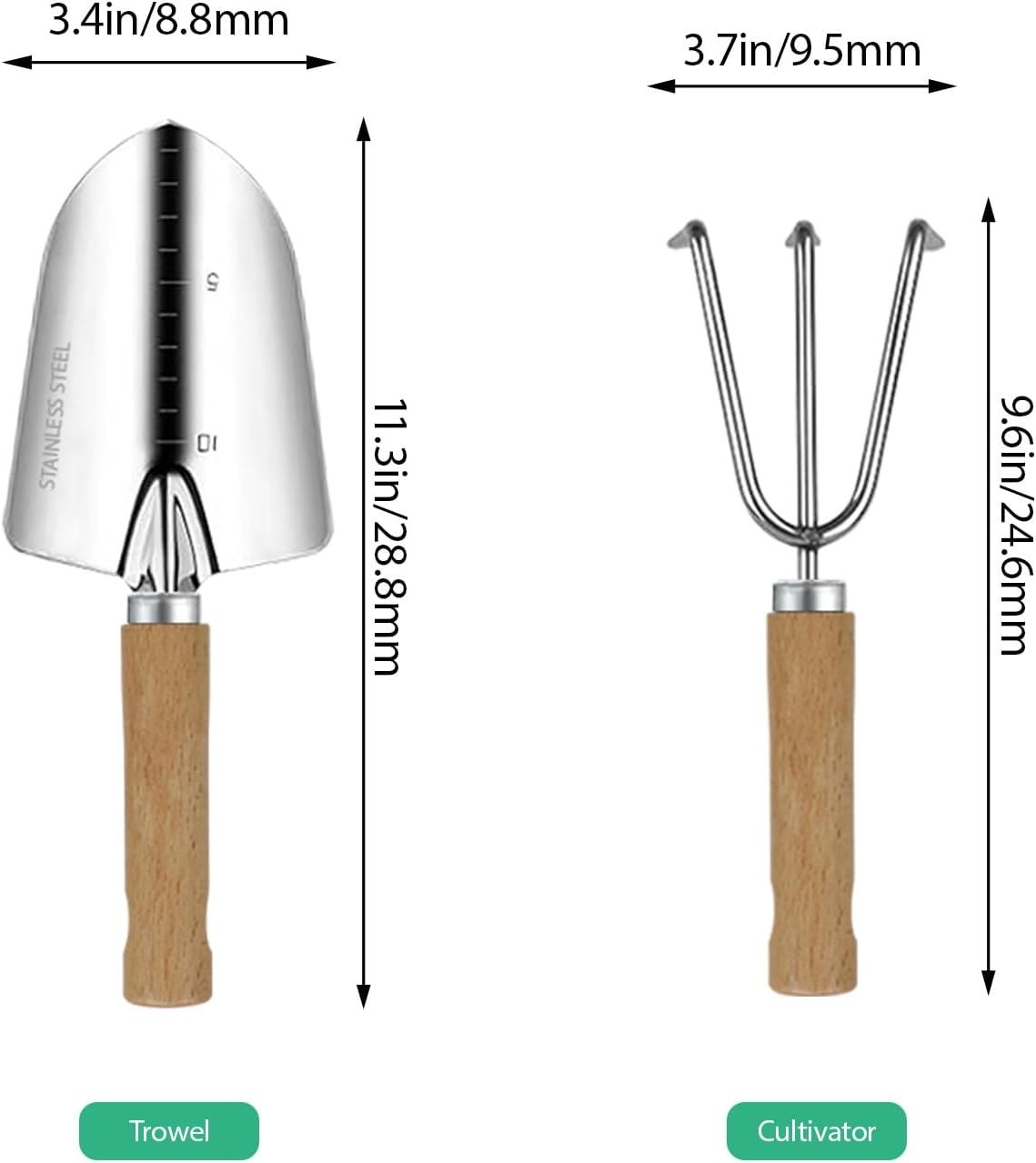 Garden Tool Set 2 Piece Stainless Steel Trowel Cultivator Hand Tools Kit