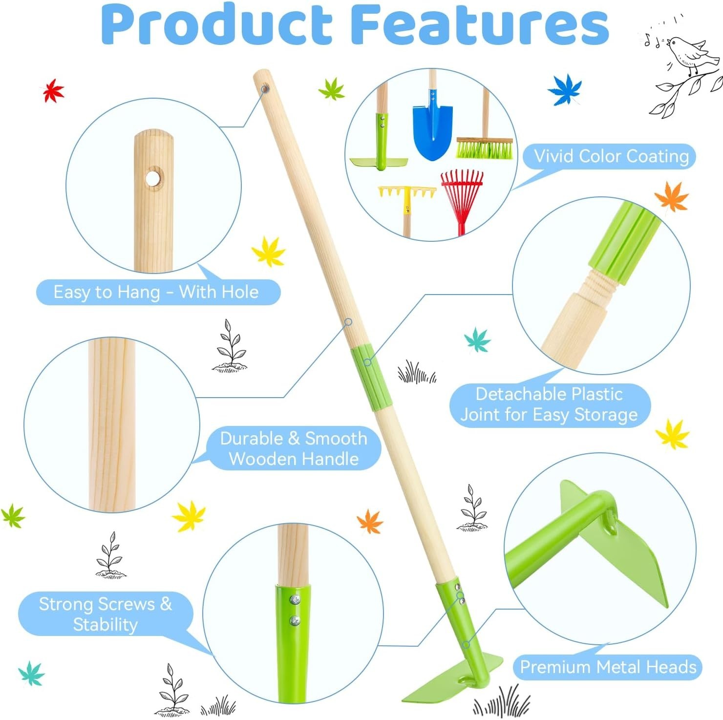 Kids Garden Tool Set: Safe Toddler Size Hoe, Rake, Shovel, Leaf Rake, Broom 5…