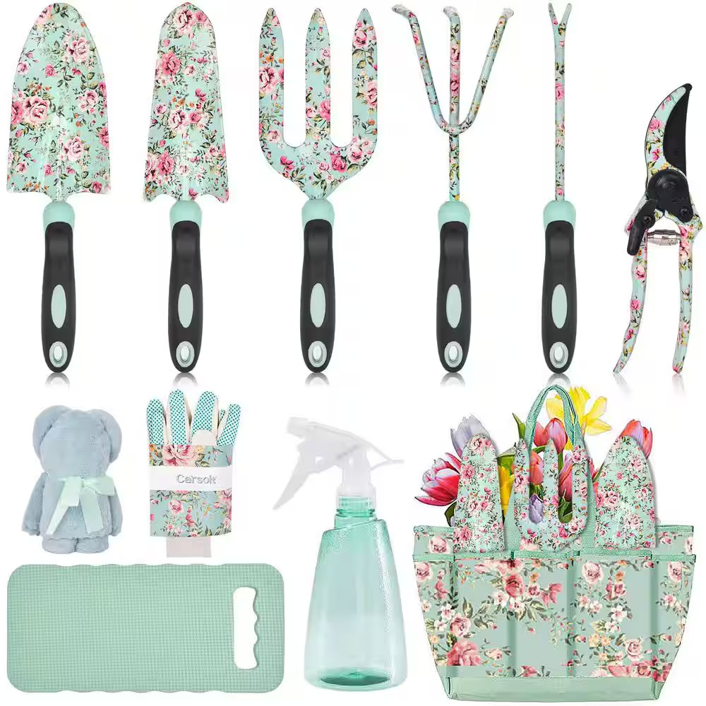 11-Piece Garden Tool Set Floral Pattern Stainless Steel Tools Non-Slip Handles G