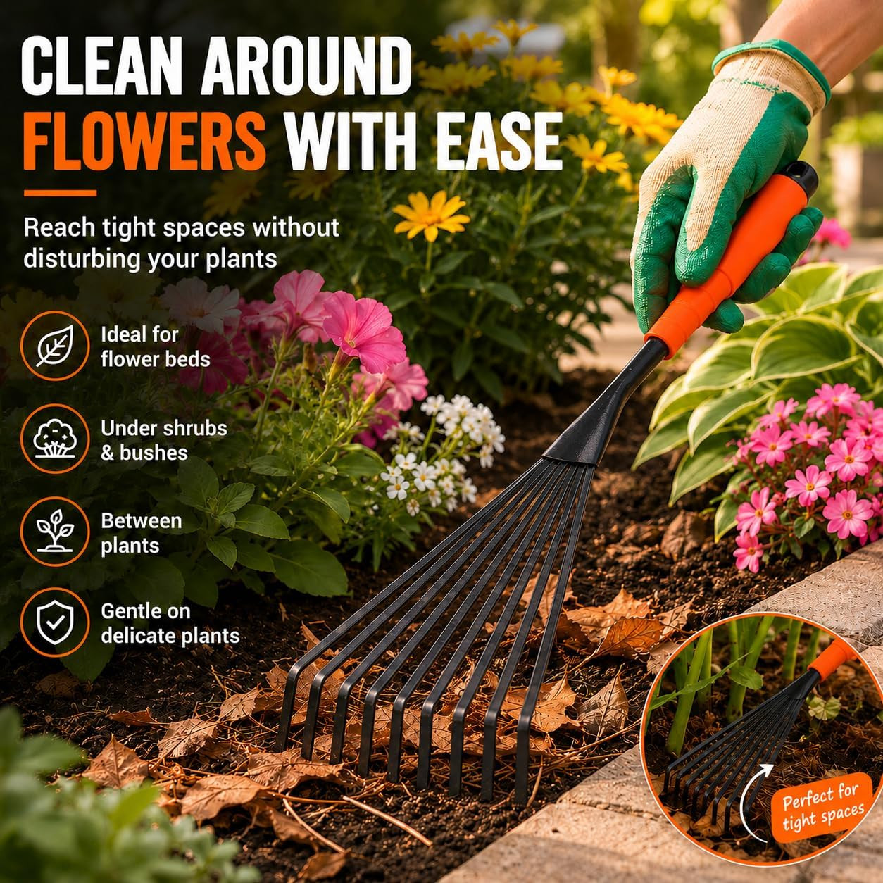 Hand Rake, 15.6 Inch Gardening Hand Tool with Ergonomic Handle and Hanging Hole