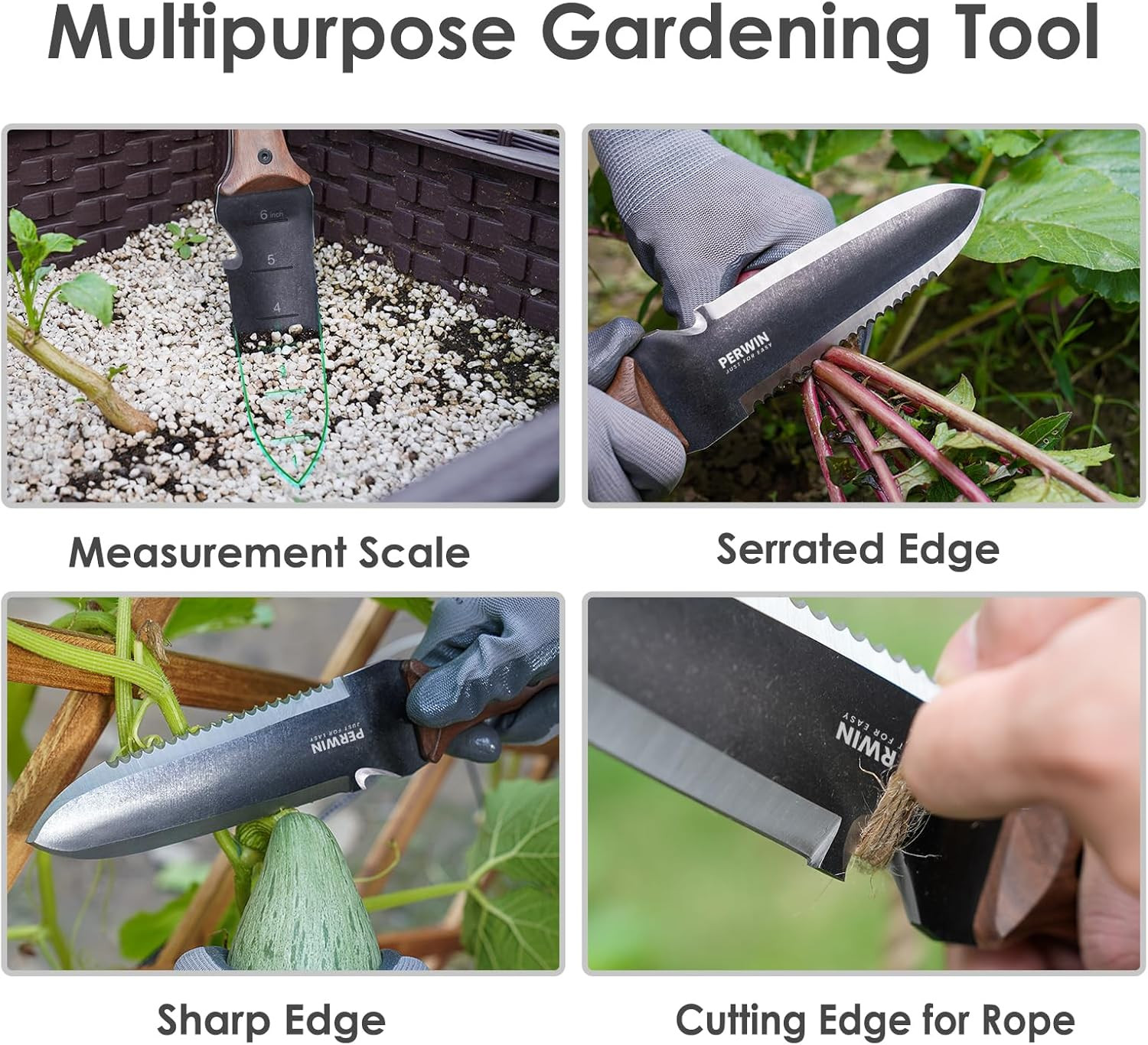 PERWIN Hori Hori Garden Knife, Garden Tools with Sheath for Weeding, Planting, D