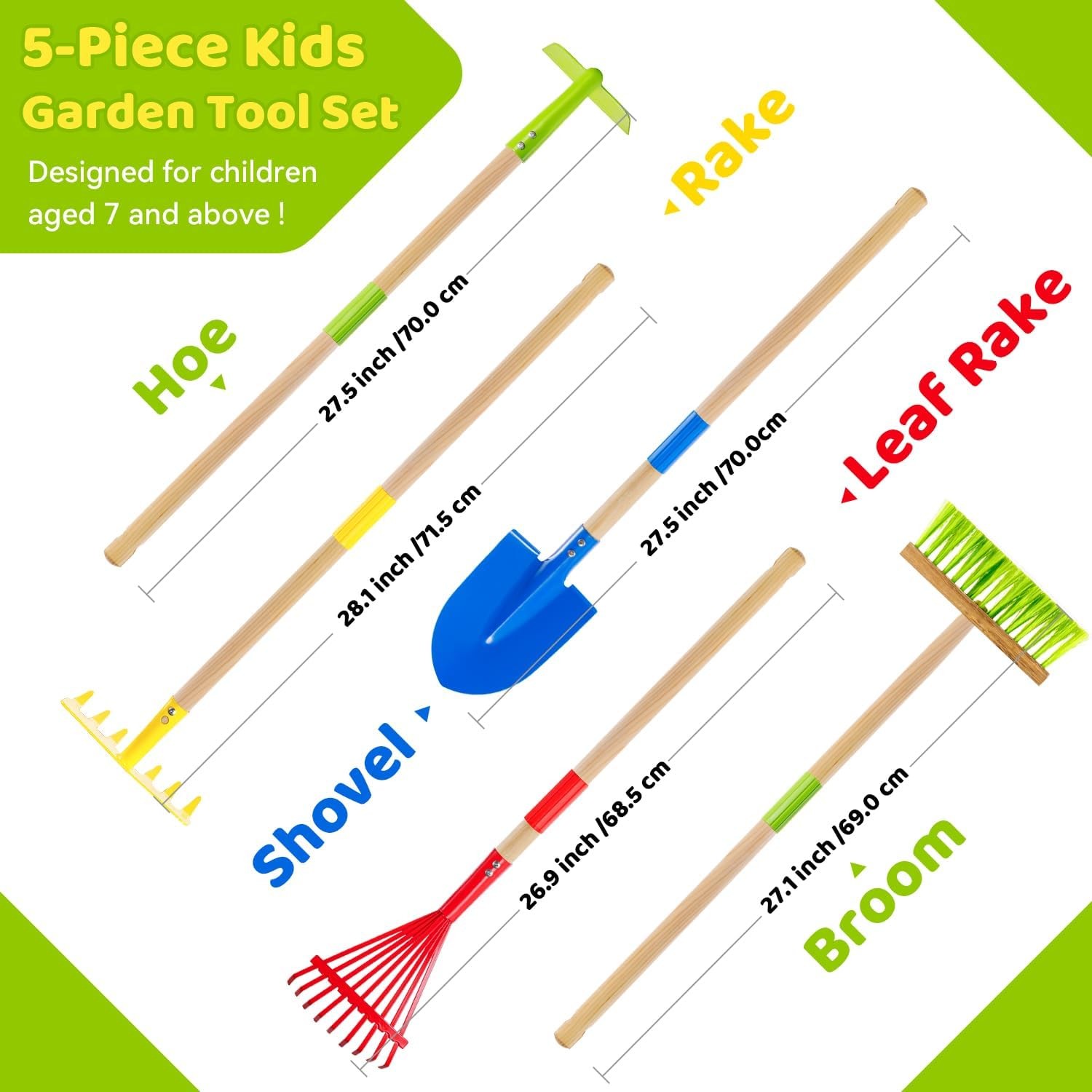 Kids Garden Tool Set Safe Toddler Size Hoe Rake Shovel Leaf Rake Broom 5-Piece