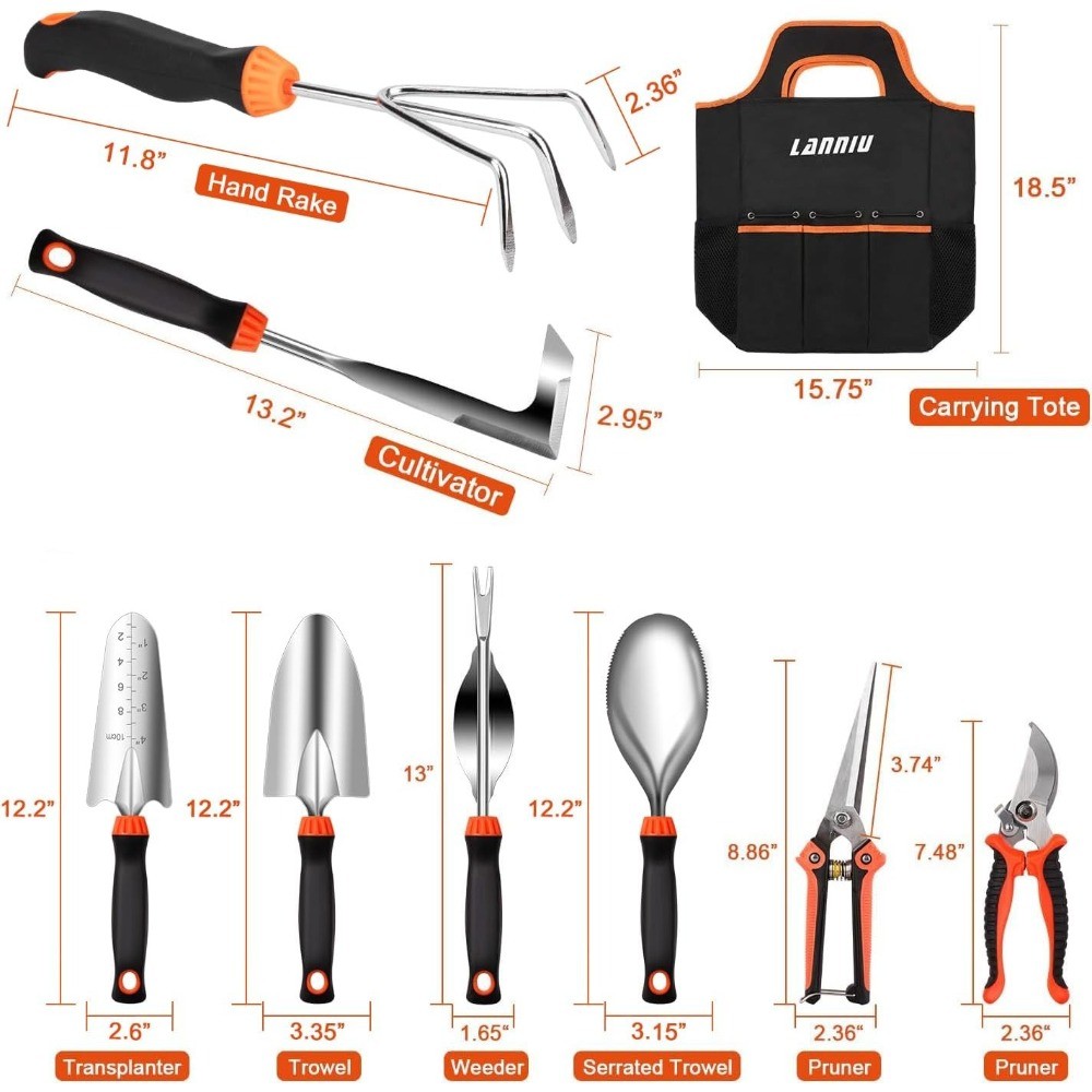 9Pcs Stainless Garden Tool Set Non-Slip Handle Pruner 600D Storage Tote Bag