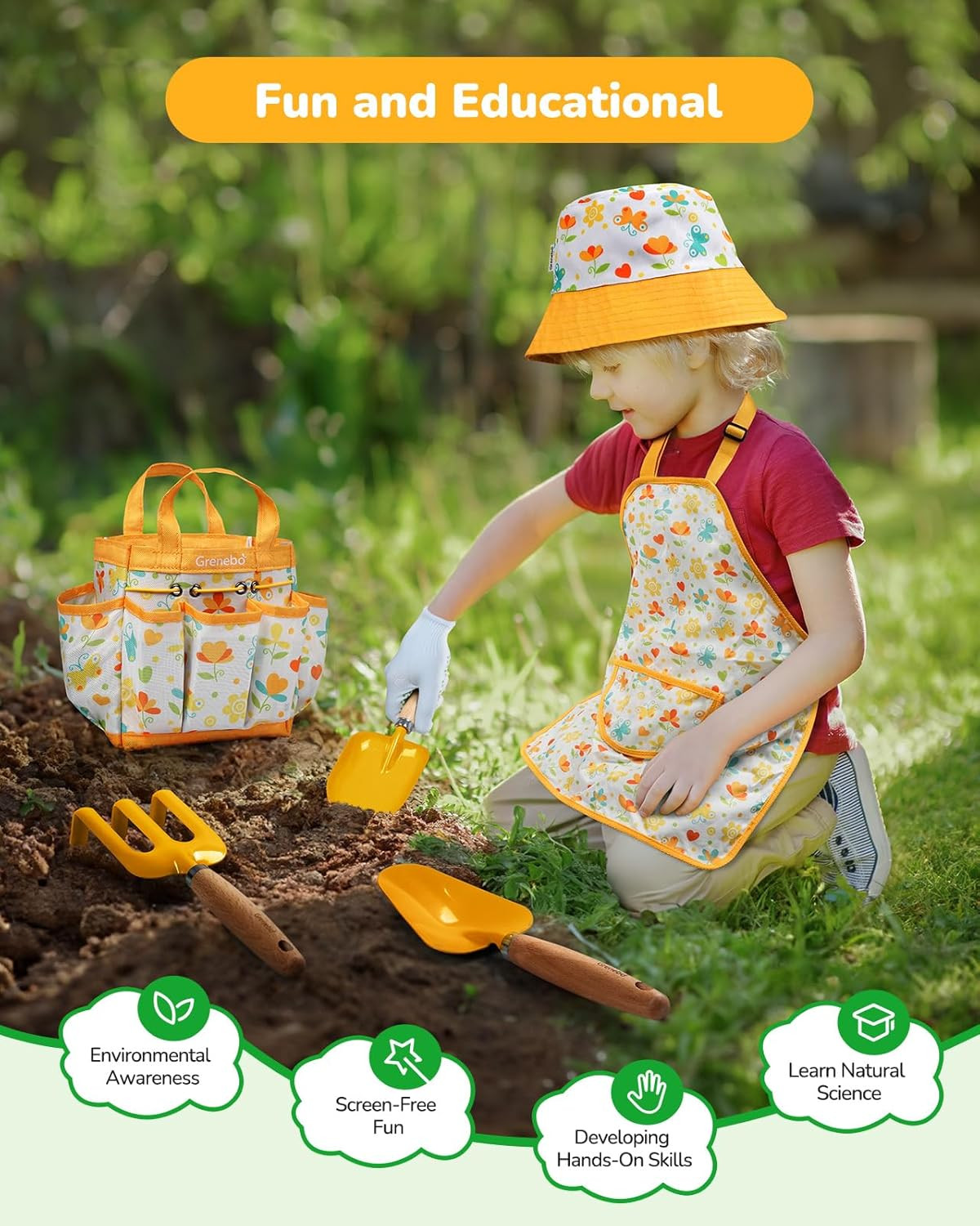 Quality Garden Tool Kit for Kids and Toddlers, all necessities (Tool Bag Yellow)