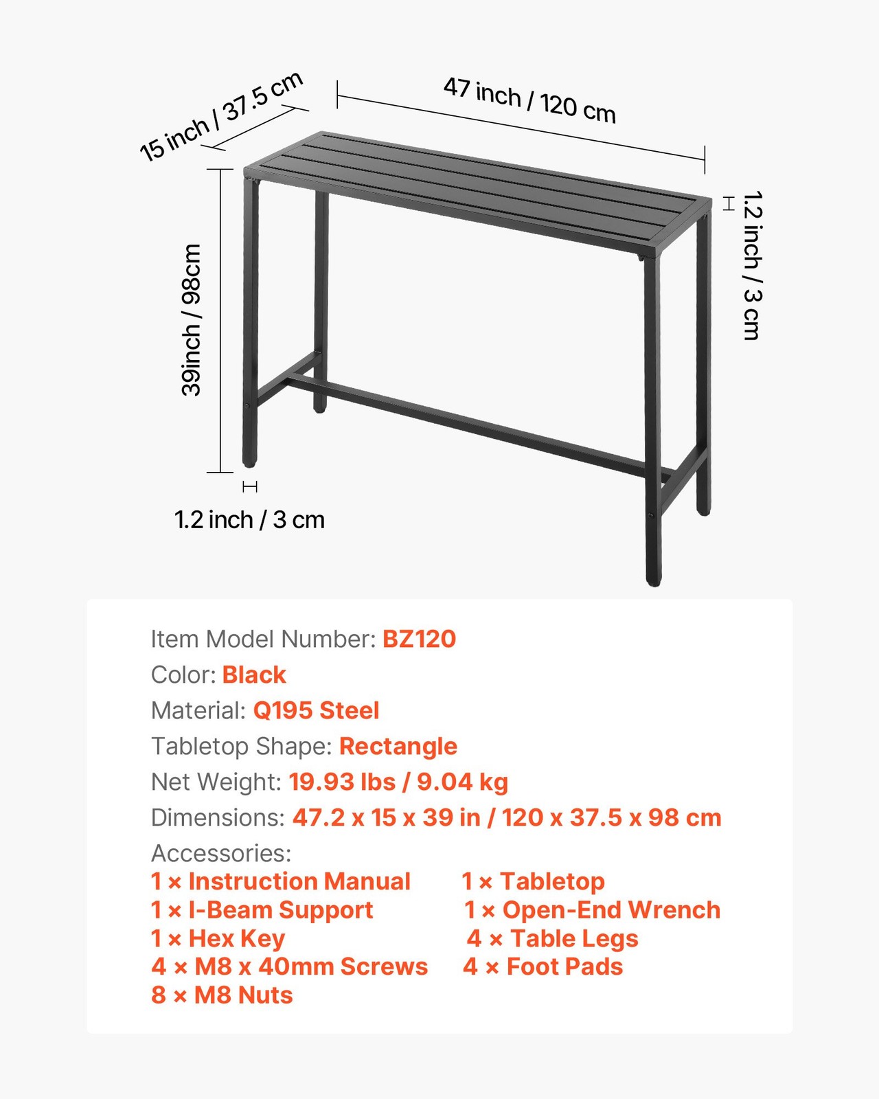 Outdoor Bar Table, 47 x 15 in Patio Bar Table, Waterproof Top & Sturdy Metal Fra