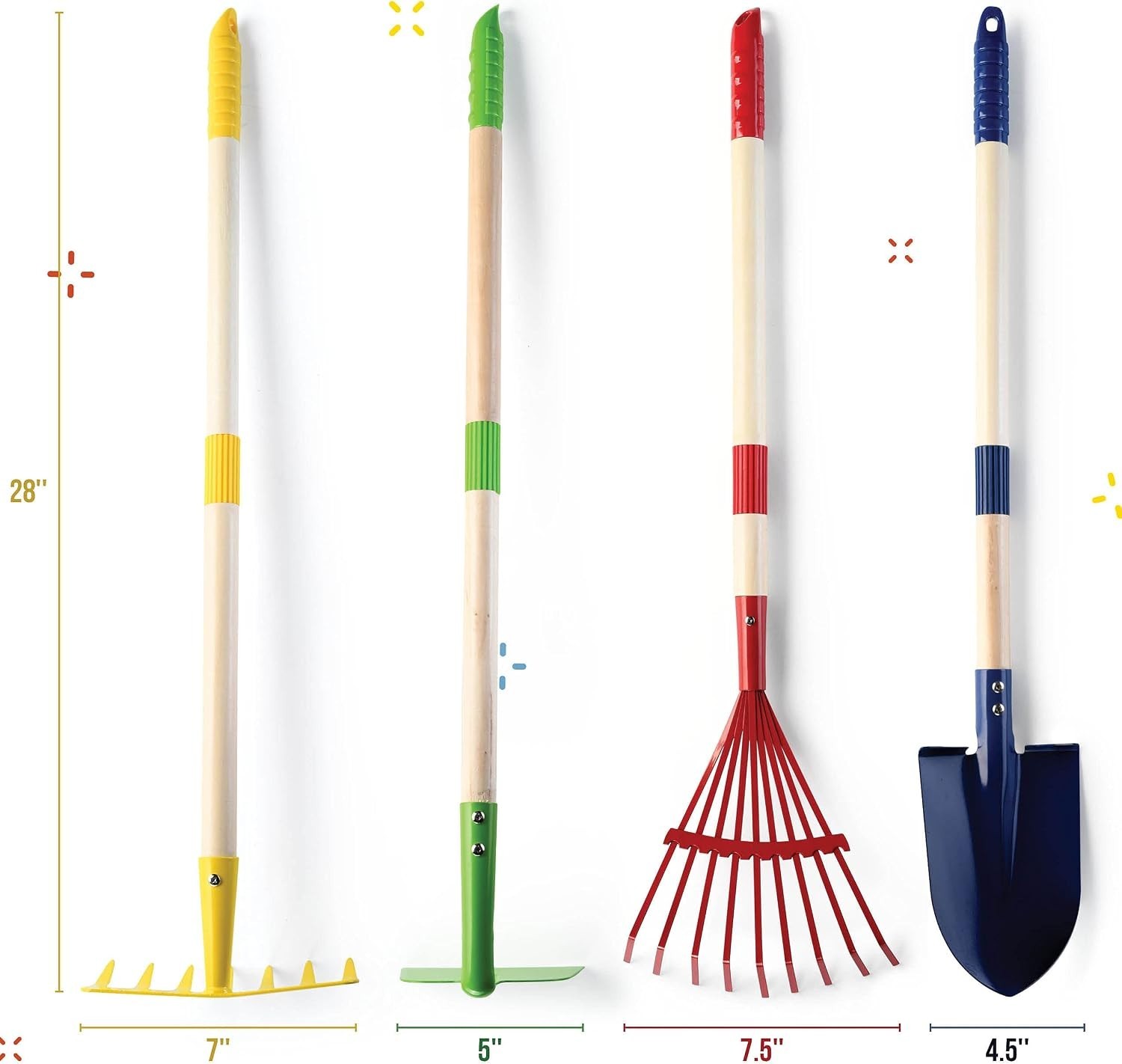 Kids Garden Tool Set Toy 4-Piece Shovel Rake Hoe Leaf Rake Wooden Gardening T…
