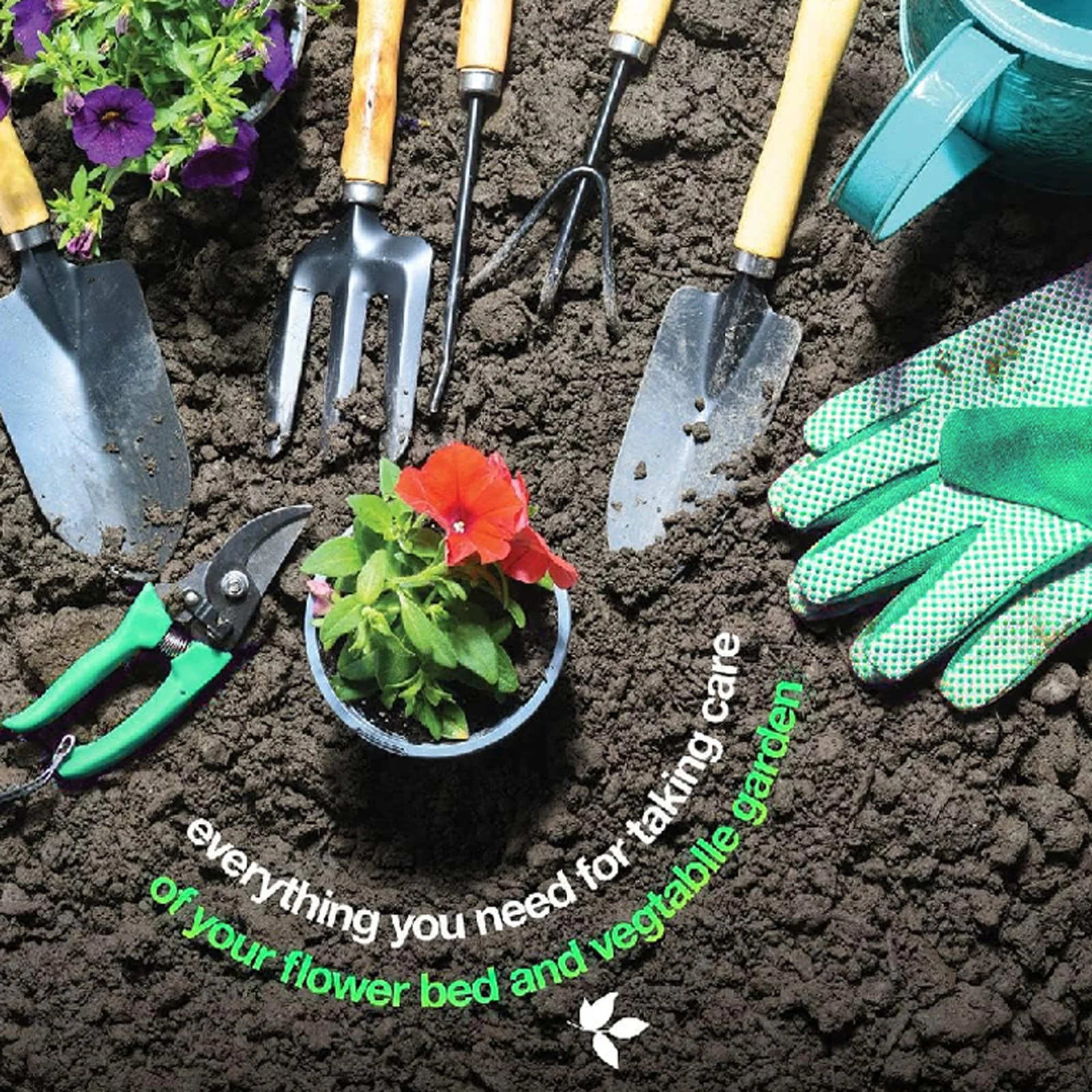 GARDEN TOOL SET 9 Piece Gloves Heavy Duty Cultivator Weeder Pruner Trowel Gloves