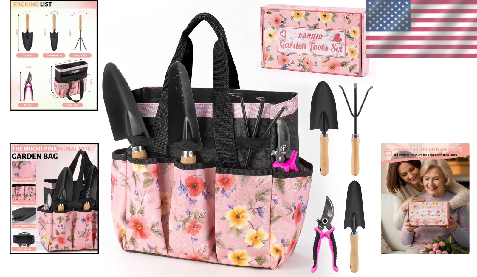 5-Piece Pink Gardening Tools Set with Floral Bag – Perfect Gift for Her