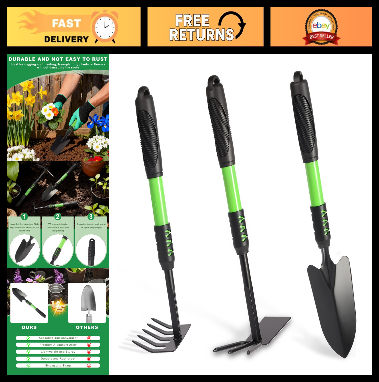 3 Pack Gardening Tools Set – Lightweight Heavy Duty Spade Shovel & Rake, Non-Sli