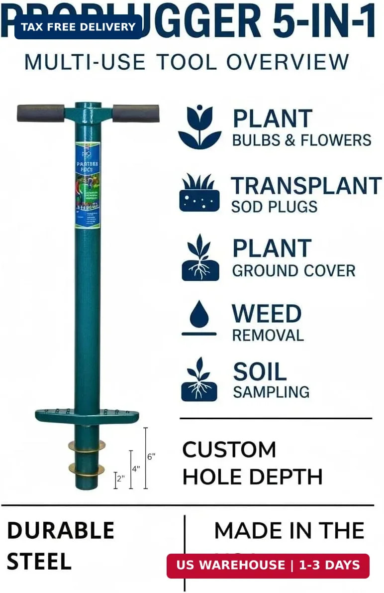 ProPlugger 5-IN-1 Lawn Tool and Garden Tool, Bulb Planter, Weeder, Sod Plugger,