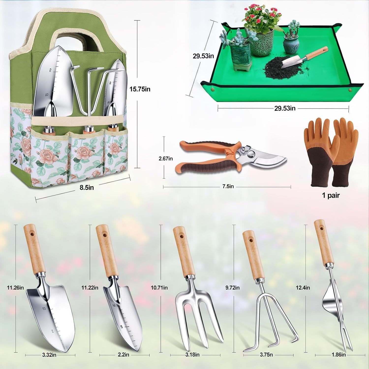 Gardening Tools Set 9 Piece Rust-Proof Stainless Steel Hand Tools Kit