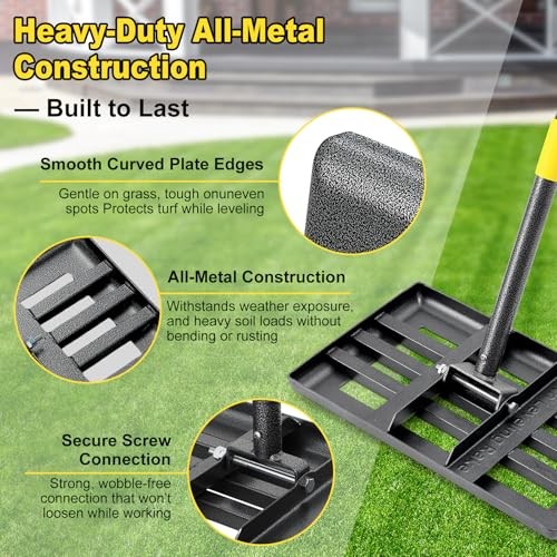 Lawn Leveling Rake: Anti Flipping 17″ x 10″ Stainless Steel Lawn Yellow – 5FT