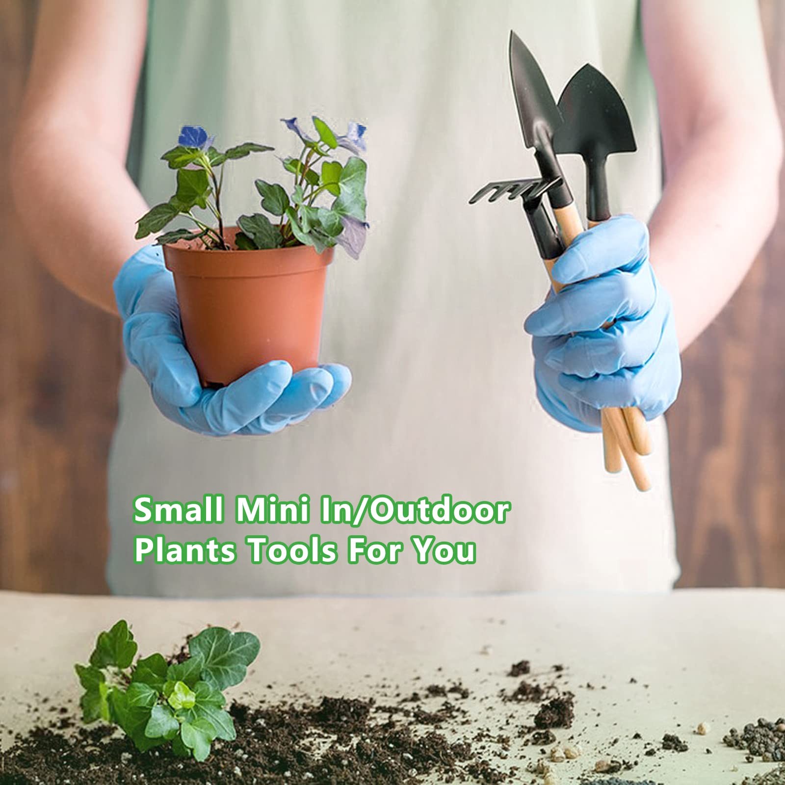 6 Pieces Iron Small Garden Tool Set Shovel Transplant Hand Rake Wood