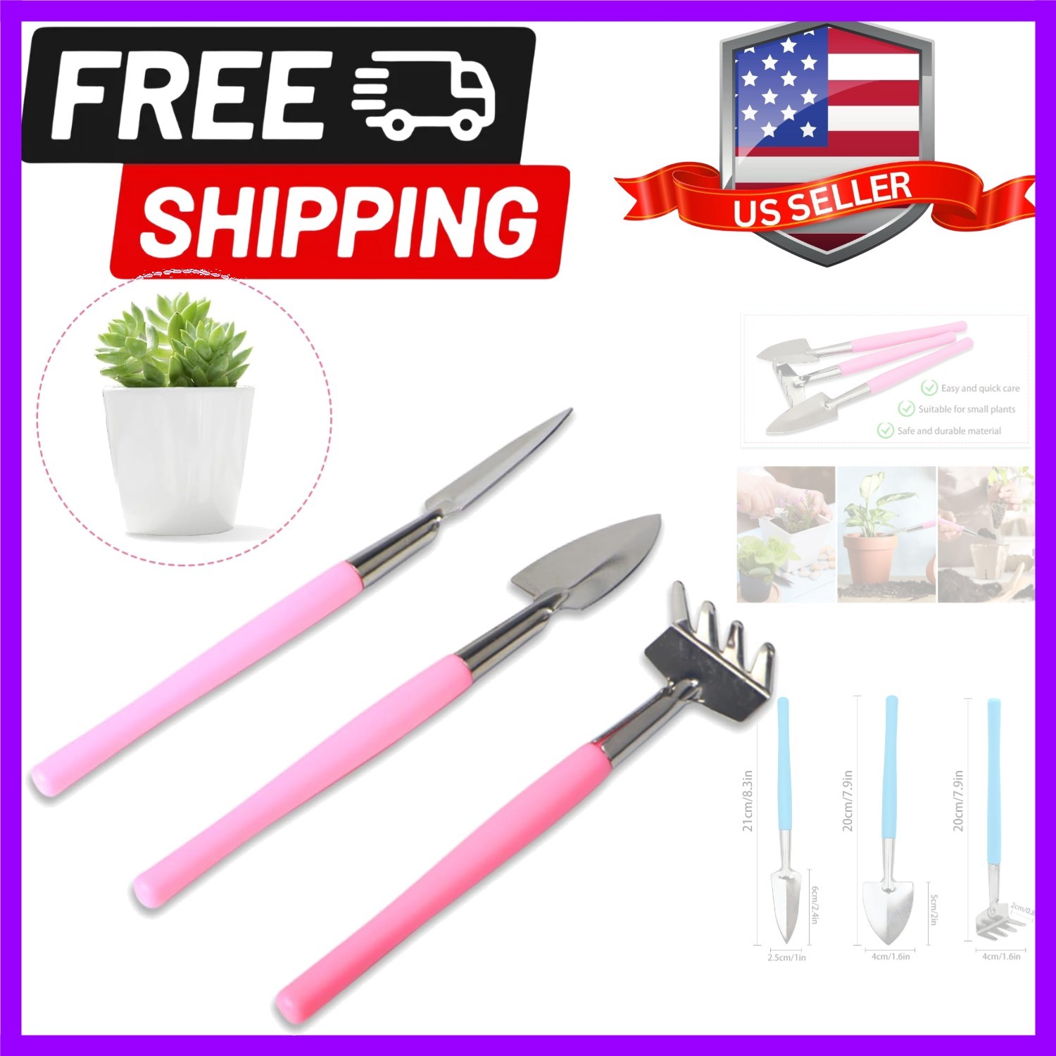 Mini Gardening Tools, 3Pcs Stainless Succulent Tools Kit Shovel Rake Trowel, …