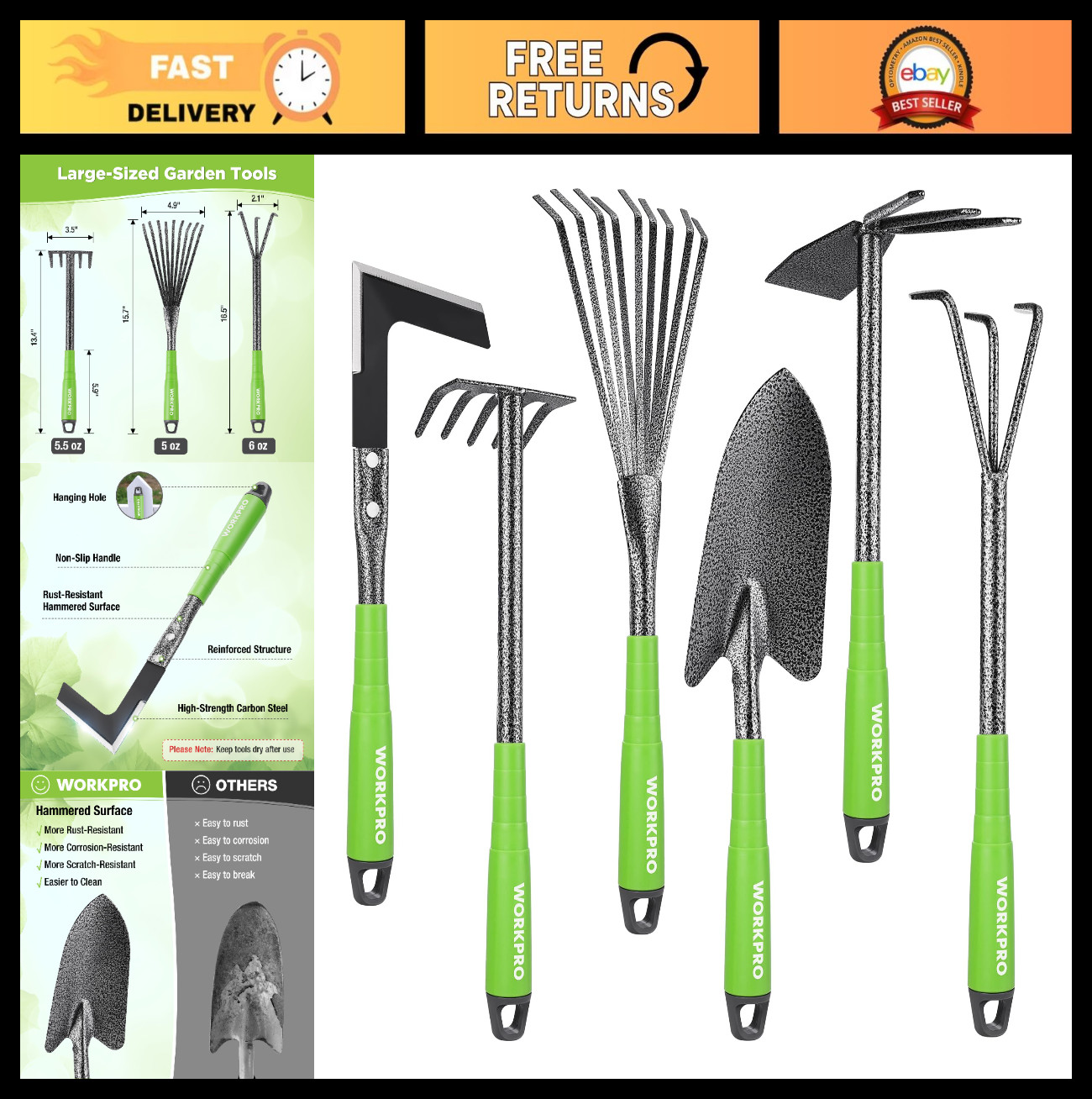 6-Piece Heavy Duty Garden Tool Set, Soft Rubber Handle, Trowel, Rakes, Hoe & Wee