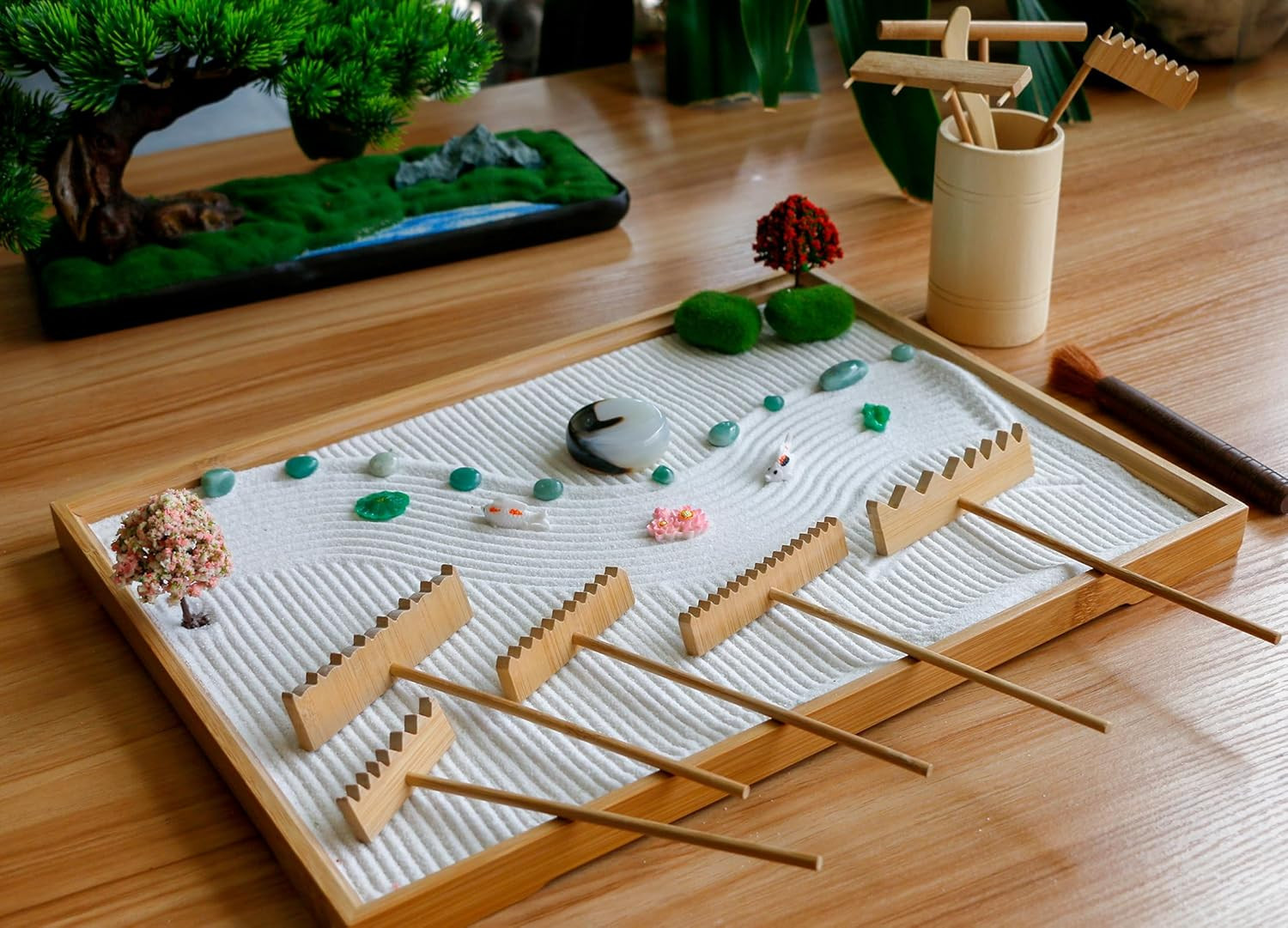 Zen Garden Tools Kit with Rake, Bamboo, Stones for Meditation and Decor