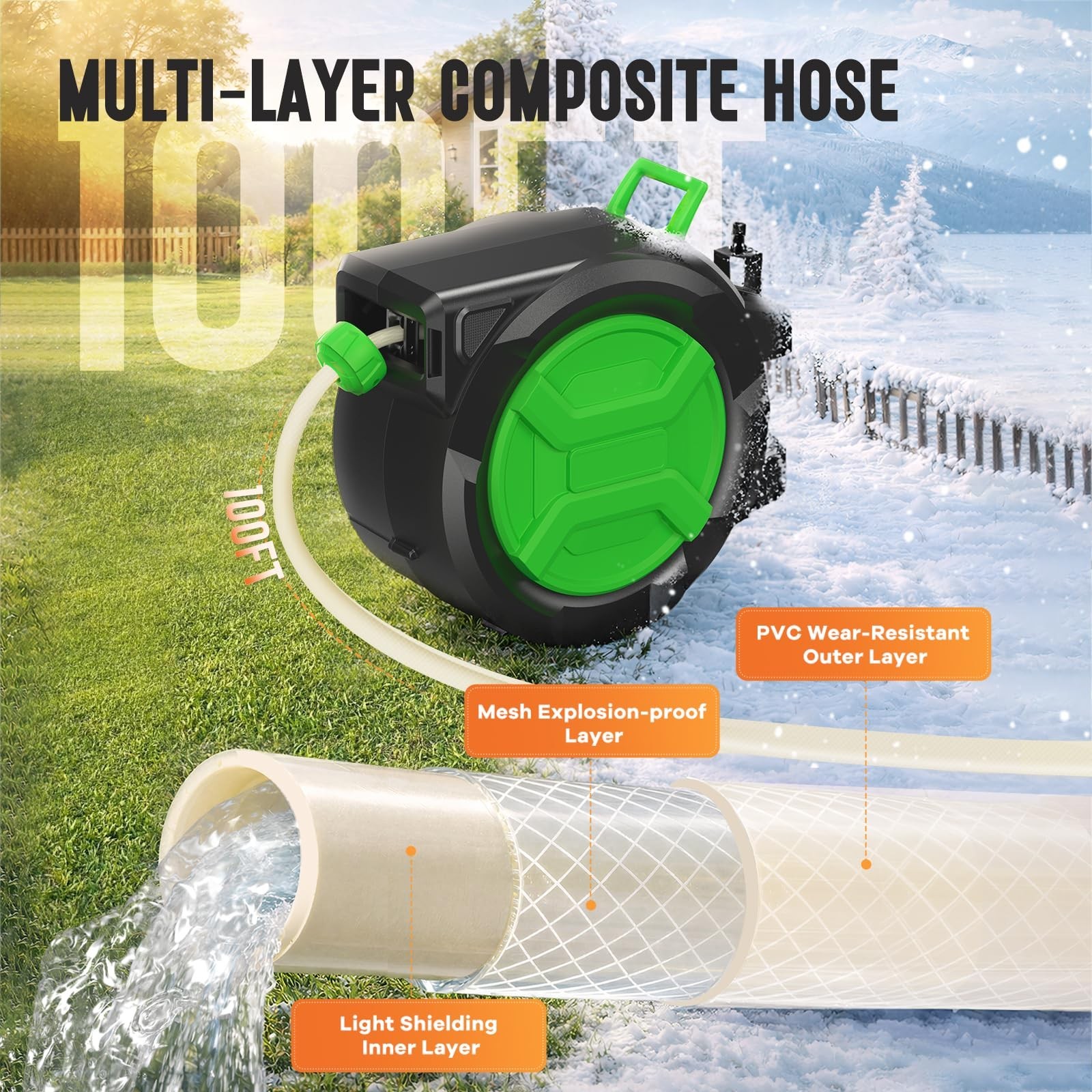 Retractable Garden Hose Reel 1/2″ x 100ft, Wall Mounted Water Hose Reel with …