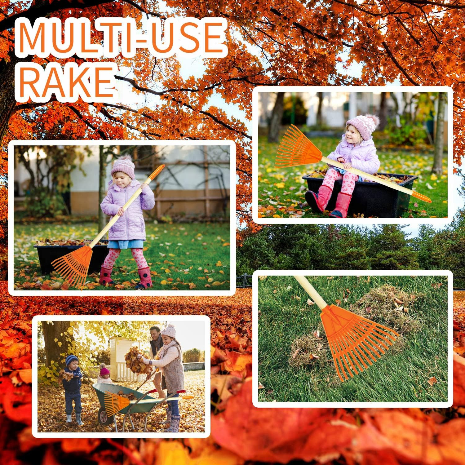 Kids Rakes, 4 Pieces 31″ Heavy Duty Lawn Tool for Leaves, Child Size, Plastic He