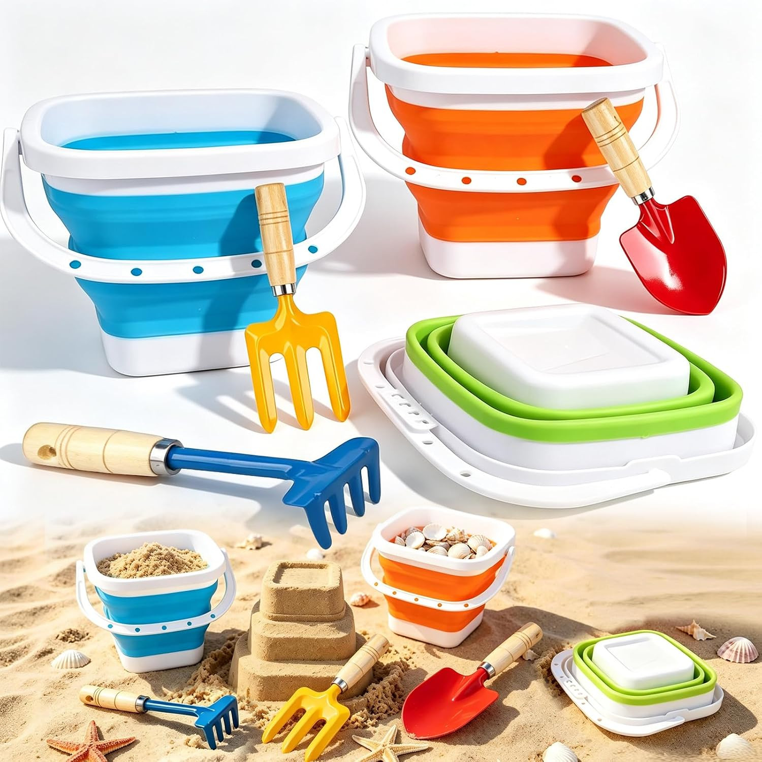 Gardening Tools Set Foldable Beach Bucket with Metal Shovels for Adults, Collaps