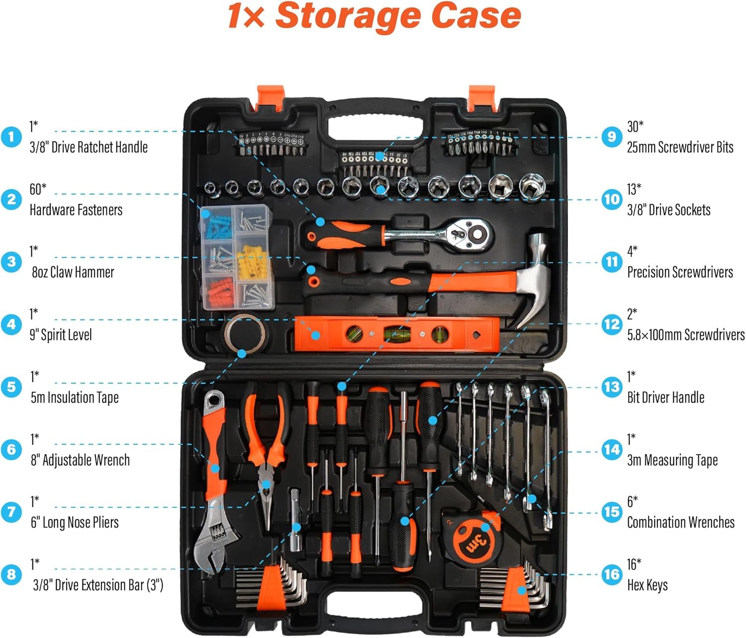 Home Repair Tool Kit 141 Piece Basic Set for Home Car Dorm Use with Storage Box