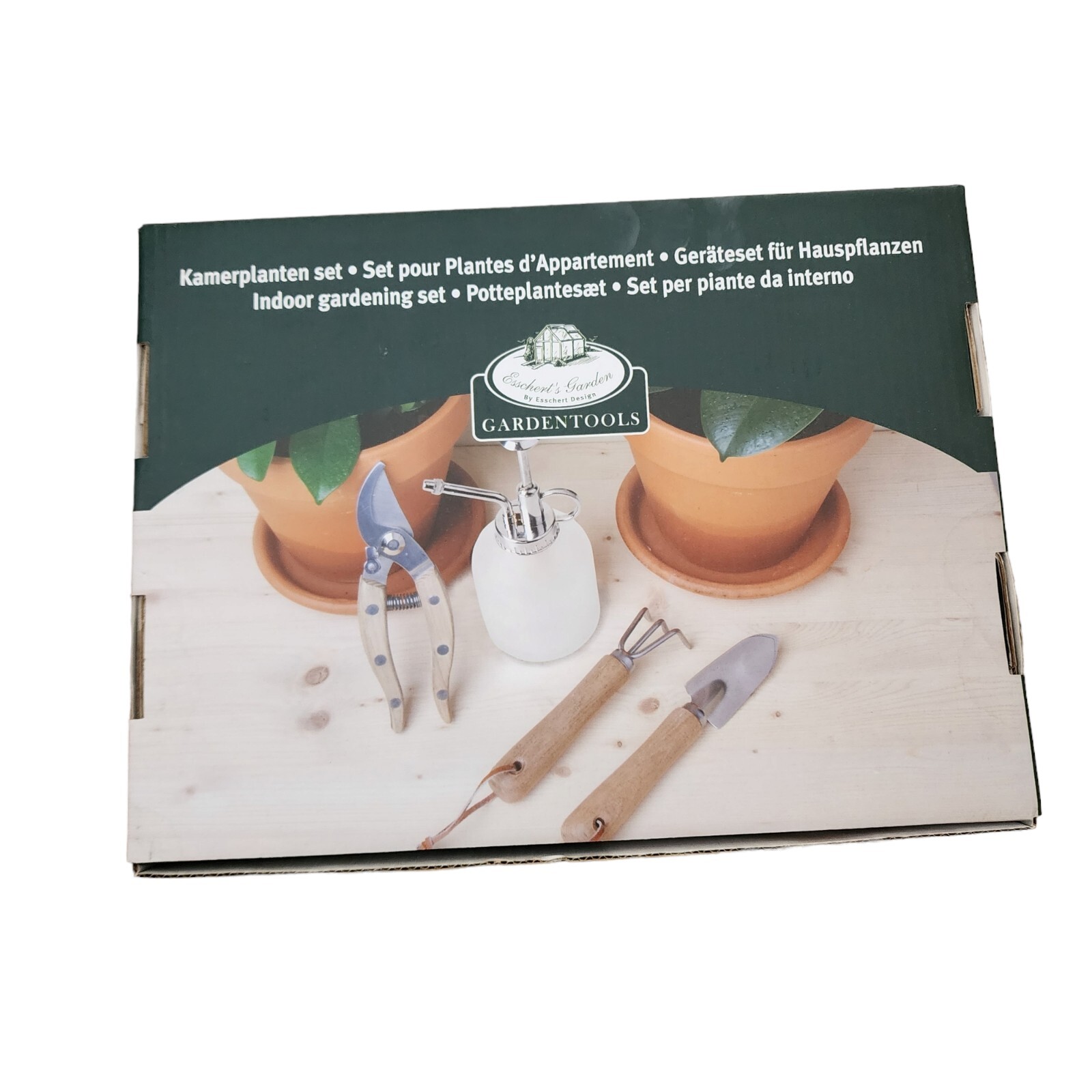 Esschert’s Garden 4 Piece Gardening Tools Wood Pruner Trowel Fork Mister Set