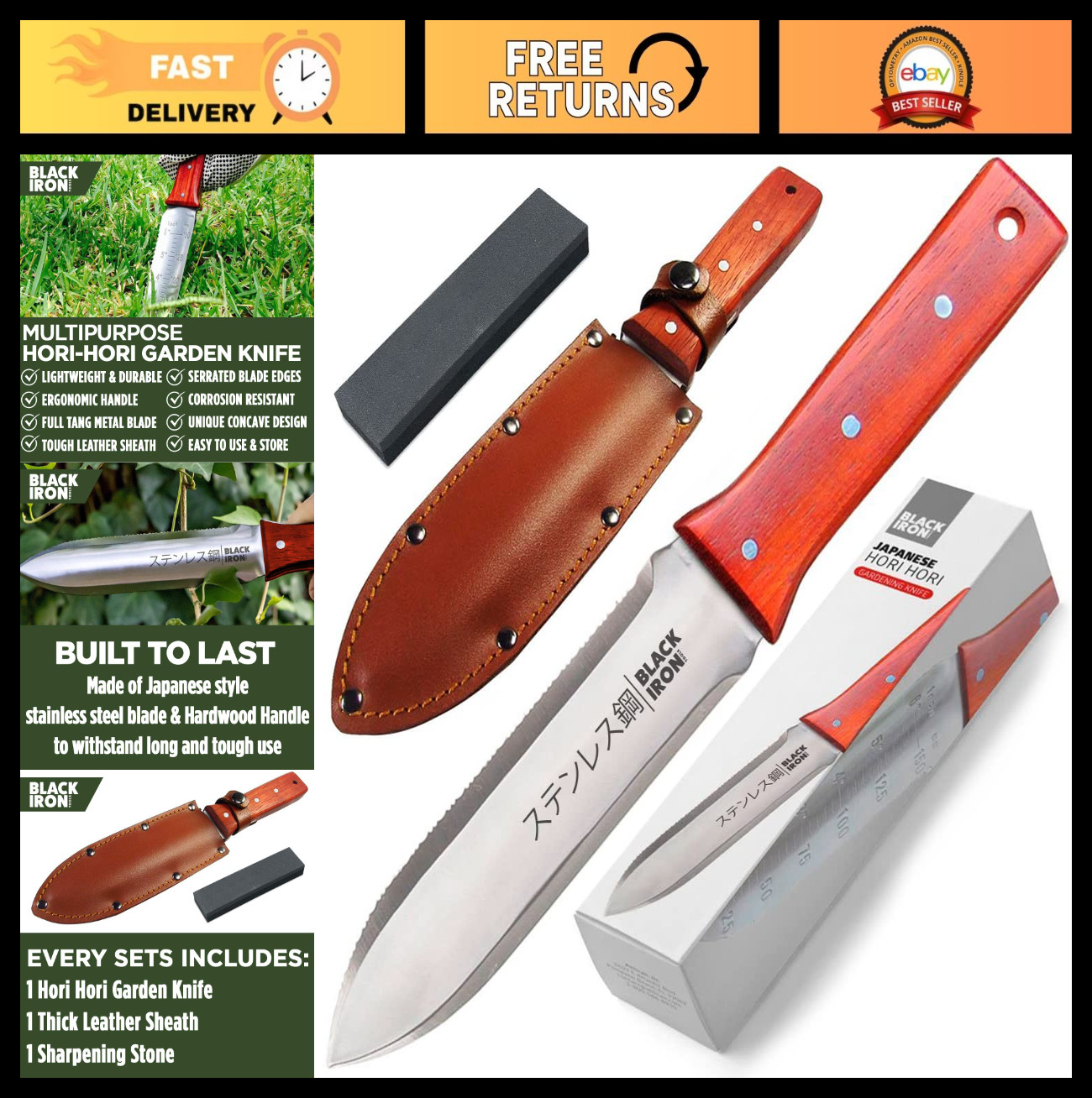 Durable 7″ Black Iron Hori Hori Garden Knife – Japanese Stainless Steel Tool for