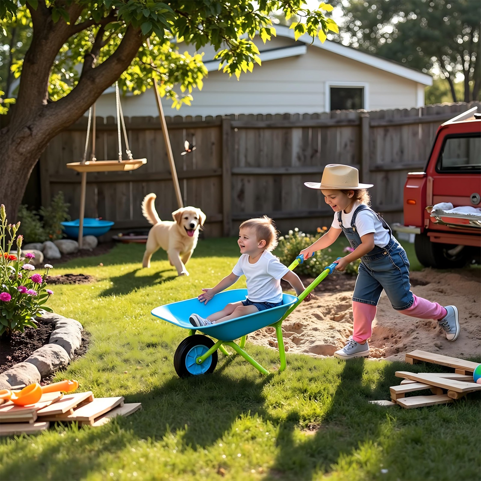 Kids Metal Wheelbarrow Child-Sized, Durable Metal Construction with Sturdy Wh…