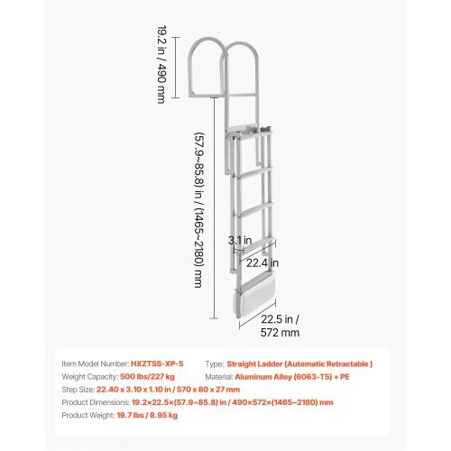 Retractable Dock Ladder, 5 Steps, Aluminum Alloy Pontoon Boat Swim Ladder with A