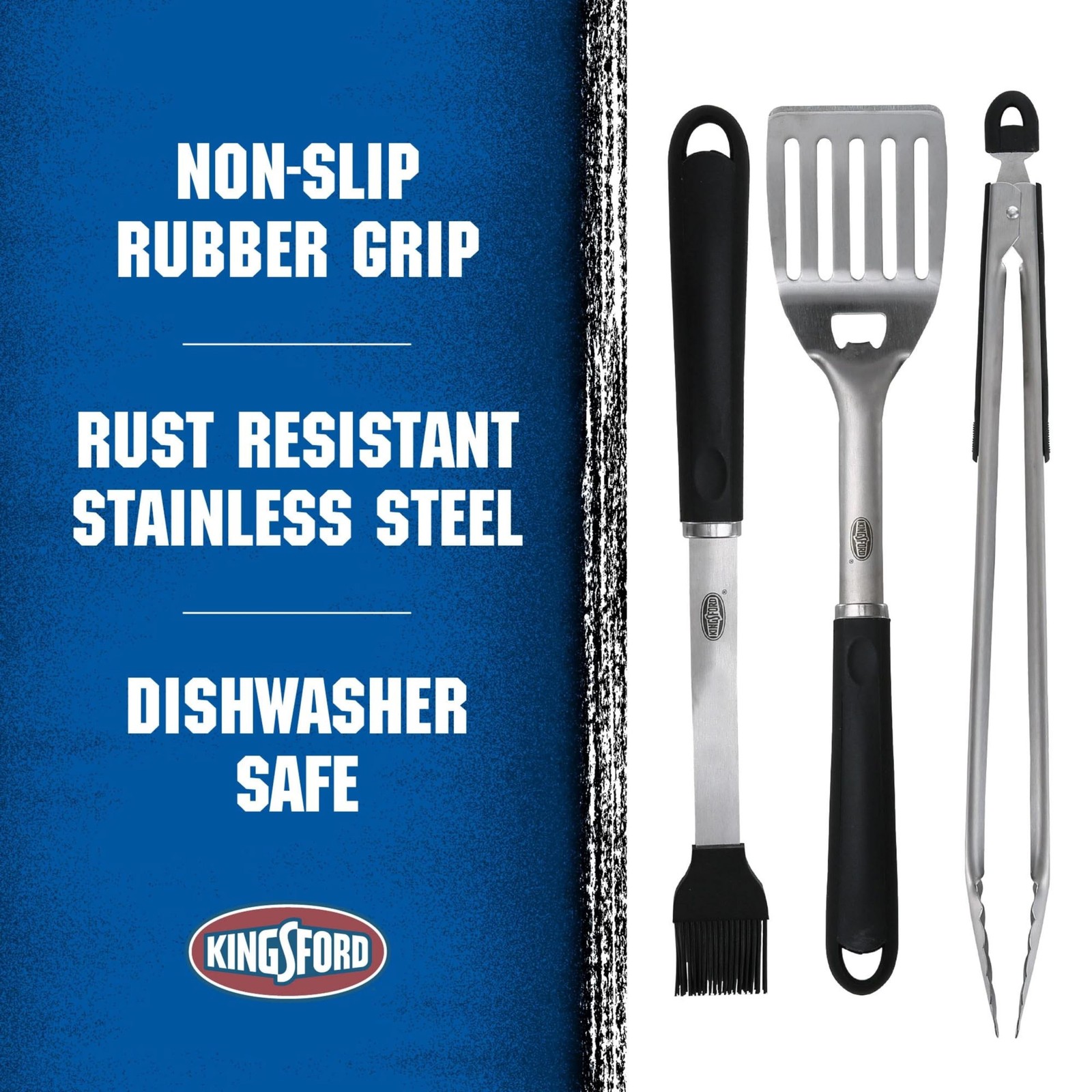Kingsford 3-Piece Stainless Steel BBQ Tool Set with Spatula, Tongs with Rubbe…